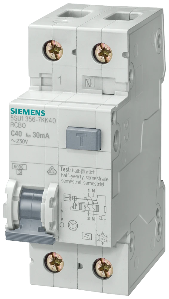 5SU1353-1KK25 Siemens Disjoncteur différentiel, 4,5 kA, 1P+N, Type AC, 30 mA, C-Char, In : 25 A, Un AC : 230 V