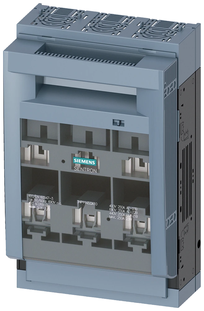 3NP1143-1DA10 Siemens SENTRON, Interrupteur-sectionneur à fusibles 3NP1, 3 pôles, NH1, 250 A, pour montage et installation sur plaque de montage, borne plate, niveau du couvercle 70 mm