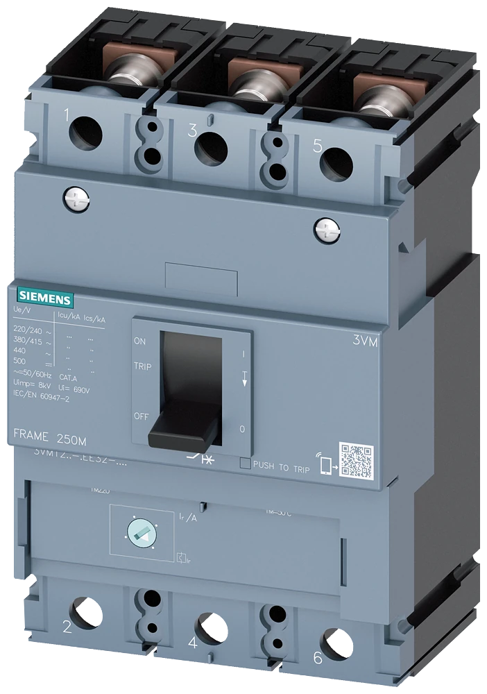 3VM1220-3EE32-0AA0 Siemens circuit breaker 3VM1 IEC frame 250 breaking capacity class N Icu=25kA @ 415V 3-pole, line protection TM220, ATFM, In=200A overload protection Ir=140A...200A short-circuit protection Ii=10 x In nut keeper kit