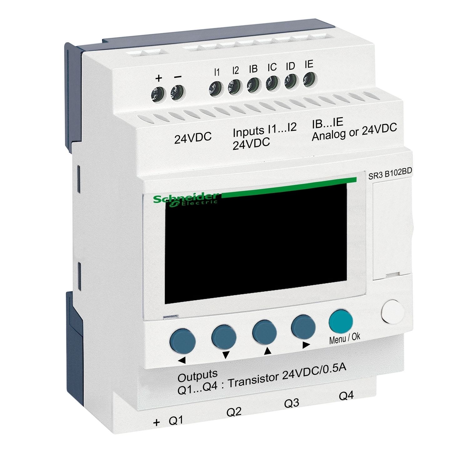 SR3B102BD modular smart relay, Zelio Logic SR2 SR3, 10 IO, 24V DC, clock, display, 4 transistor outputs