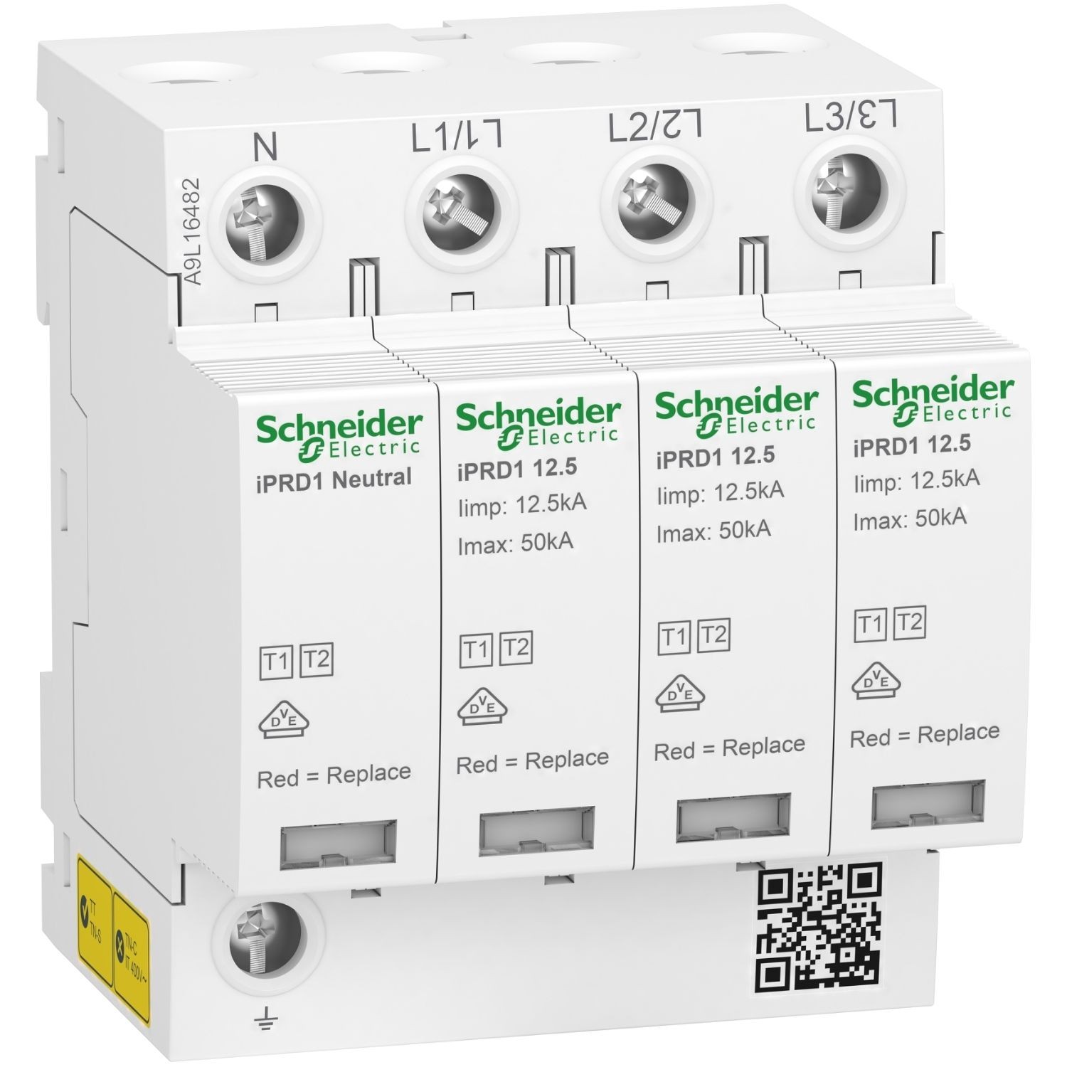 Schneider Electric A9L16482 Modular surge arrester with pluggable cartridge, Acti9 iPRD1 12.5, 3P+N, 350V, with remote transfert