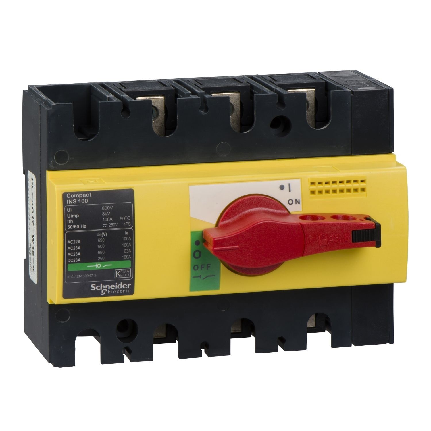 Schneider Electric 28924 switch disconnector, Compact INS100, 100A, with red rotary handle and yellow front, 3 poles