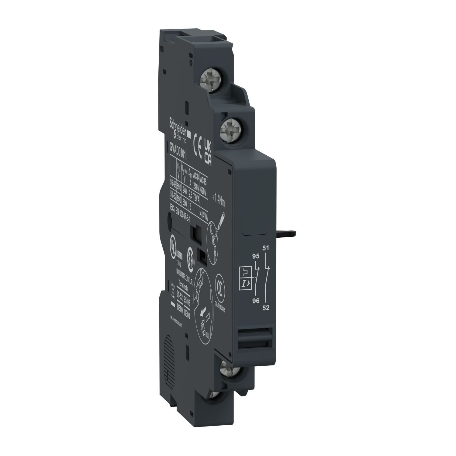 Schneider Electric GVAD0101 Add-on contact block,TeSys Deca Frame 2/3,1NC(fault)+1NC,side,for GV2/GV3(except GV3ME)