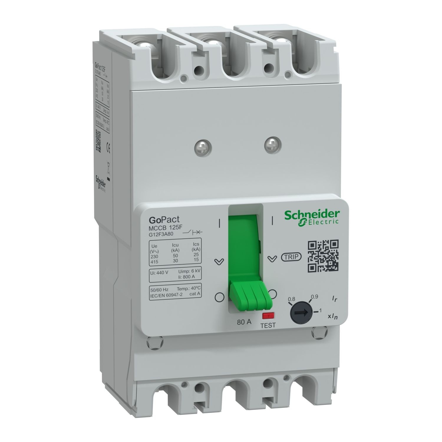 G12F3A80 Circuit breaker, GoPact MCCB 125, 3 poles, 30kA at 415VAC, 80A rating, TMD trip unit, adjustable thermal protection