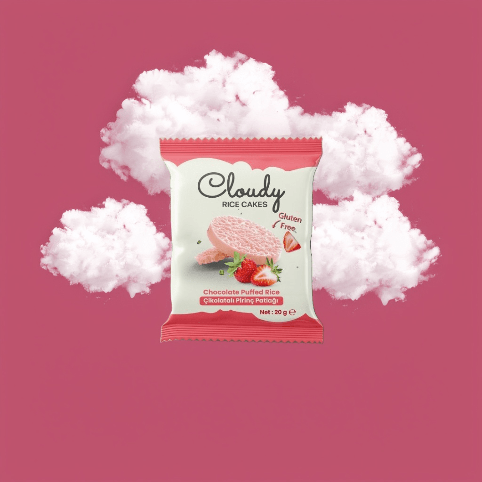 Cloudy Rice Cake - Çilek Çikolata Kaplamalı Pirinç Patlağı 20 Gr x 24 Adet