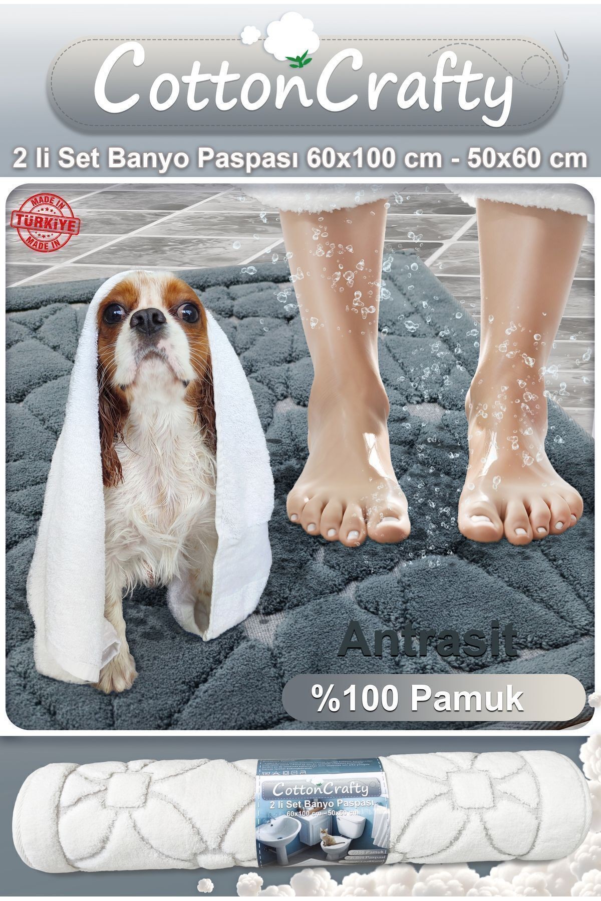 Pamuk Dokuma, Su Emici, Banyo Paspas Seti, Banyo Halısı, ŞERİT ,60x100 - 60x50 CM