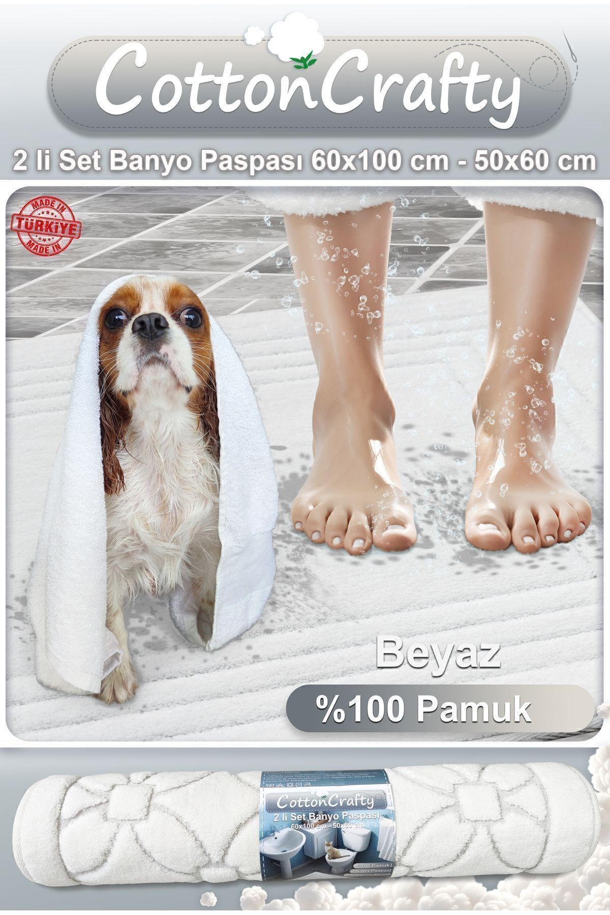 Pamuk Dokuma Su Emici Banyo Paspas Seti, Banyo Halısı VERA 2 Li Set 60x100 - 60x50 CM