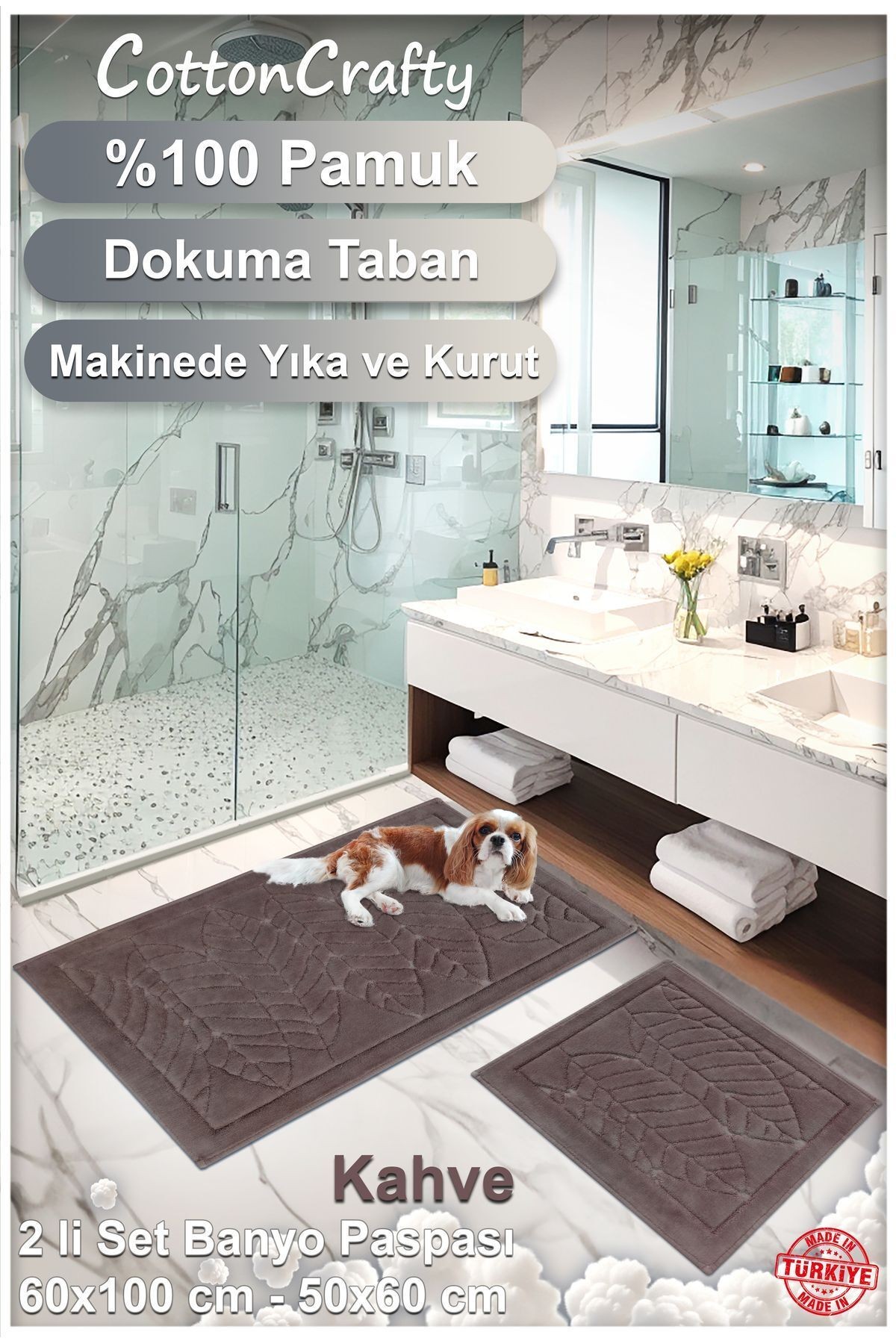 Pamuk Dokuma, Su Emici, Banyo Paspas Seti, Banyo Halısı, YAPRAK, 60x100 - 60x50 CM