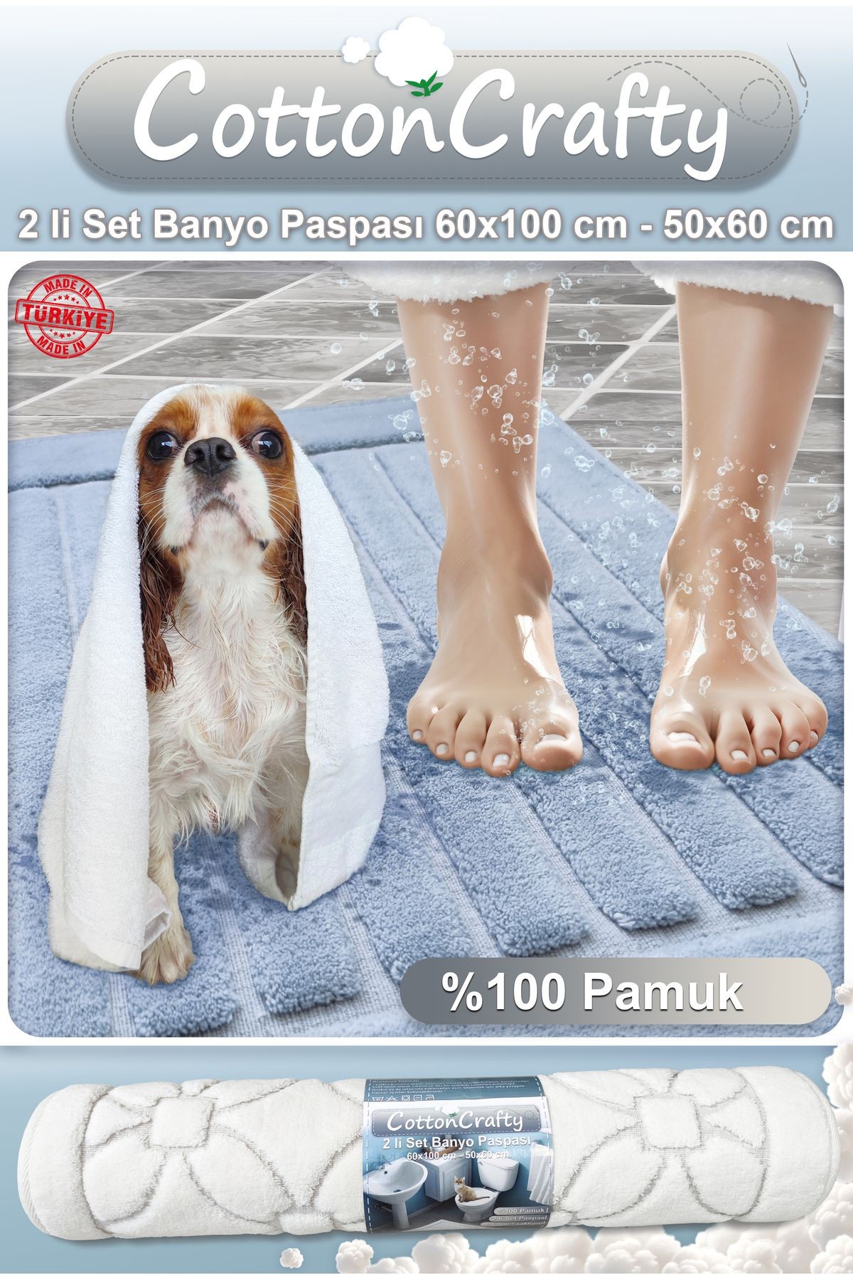 Pamuk Dokuma, Su Emici, Banyo Paspas Seti, Banyo Halısı, ŞERİT ,60x100 - 60x50 CM