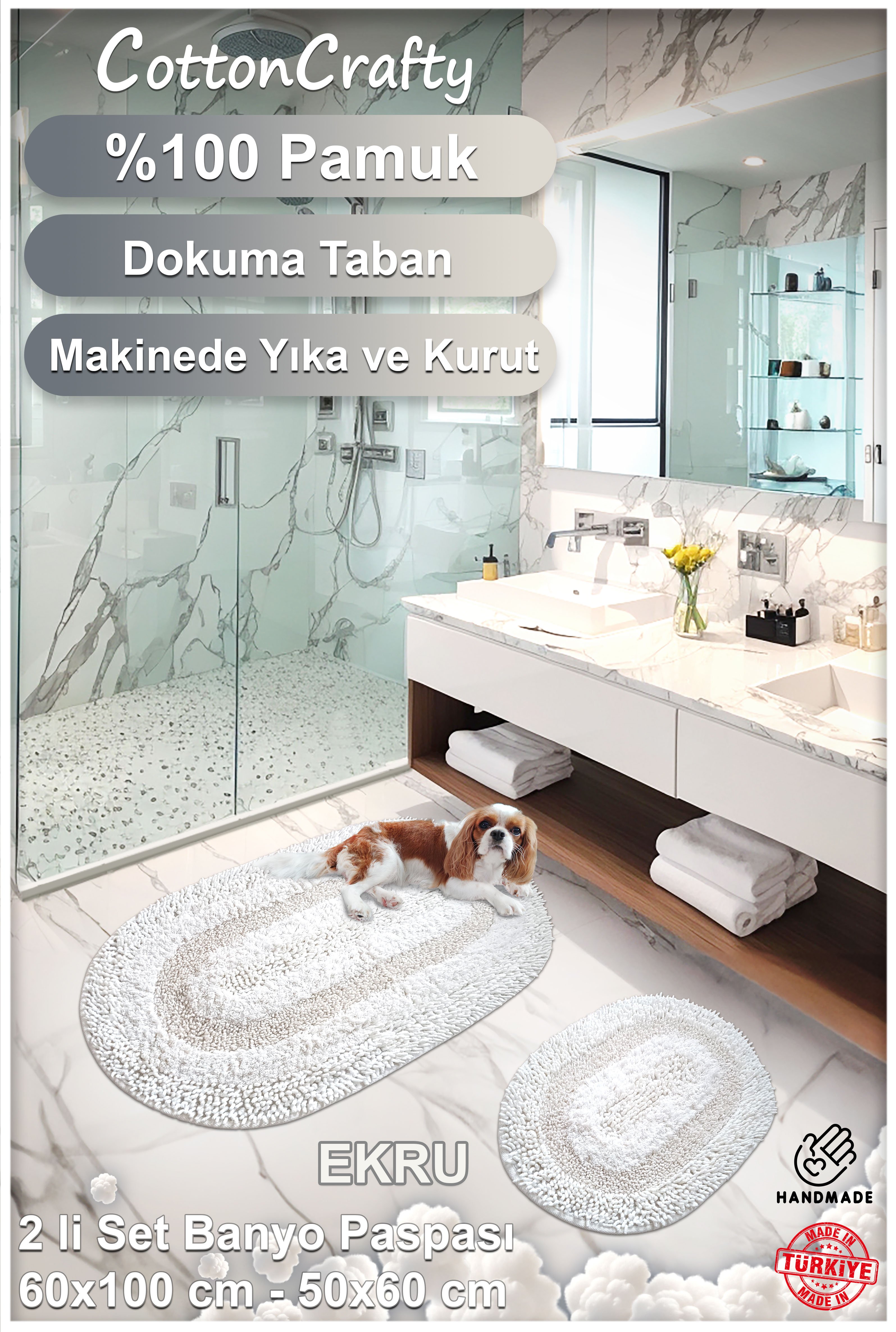 Geleneksel Pamuk Dokuma, Tafting, El Yapımı, Su Emici Banyo Paspas Seti, Banyo Halısı, Klozet Takım, COTTONWAY, 2'li Set 60x100 - 60x50 cm