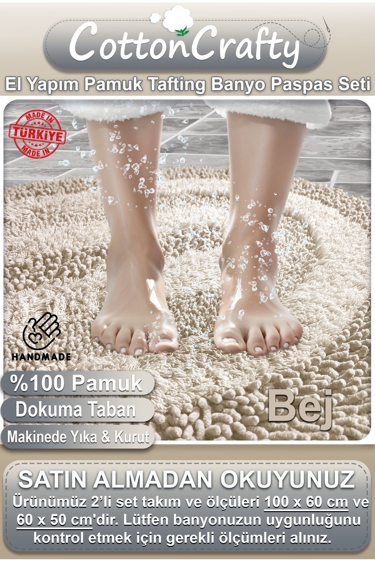 Pamuk Tafting EL Yapımı Su Emici Banyo Paspas Seti, Banyo Halısı COTTONWAY 2 Li Set 60x100 - 60x50 cm