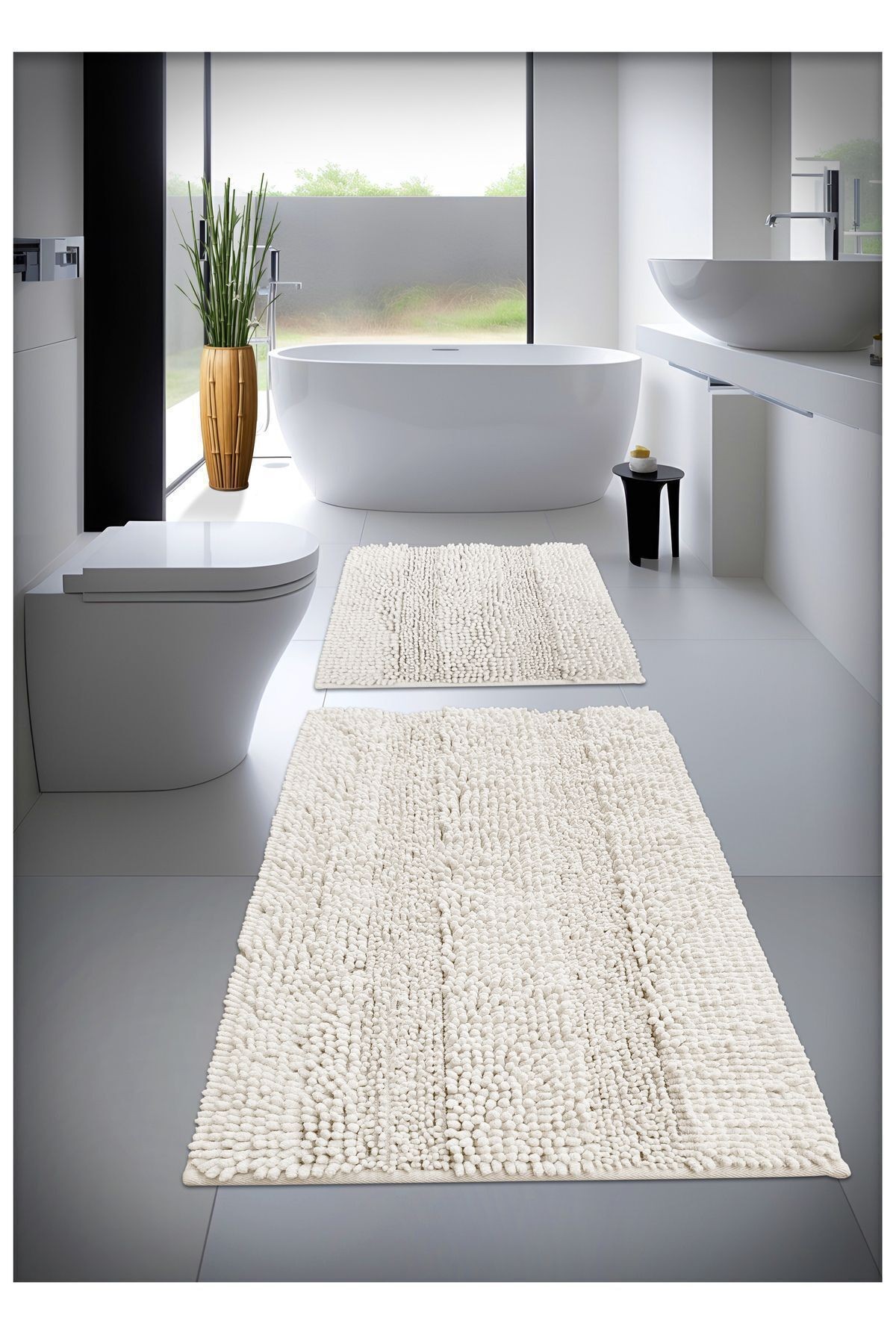 Pamuk Tafting Banyo Paspas Seti, Banyo Halısı MAKARNA 2 Li Set 60x100 - 60x50 CM