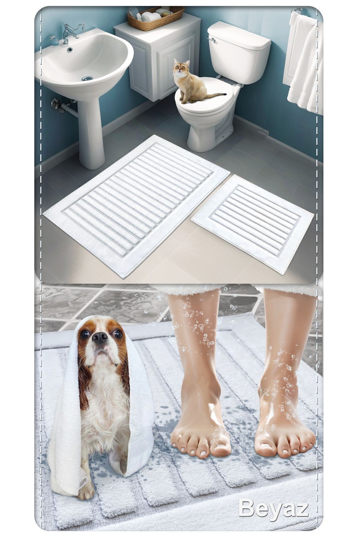 Pamuk Dokuma, Su Emici, Banyo Paspas Seti, Banyo Halısı, ŞERİT ,60x100 - 60x50 CM