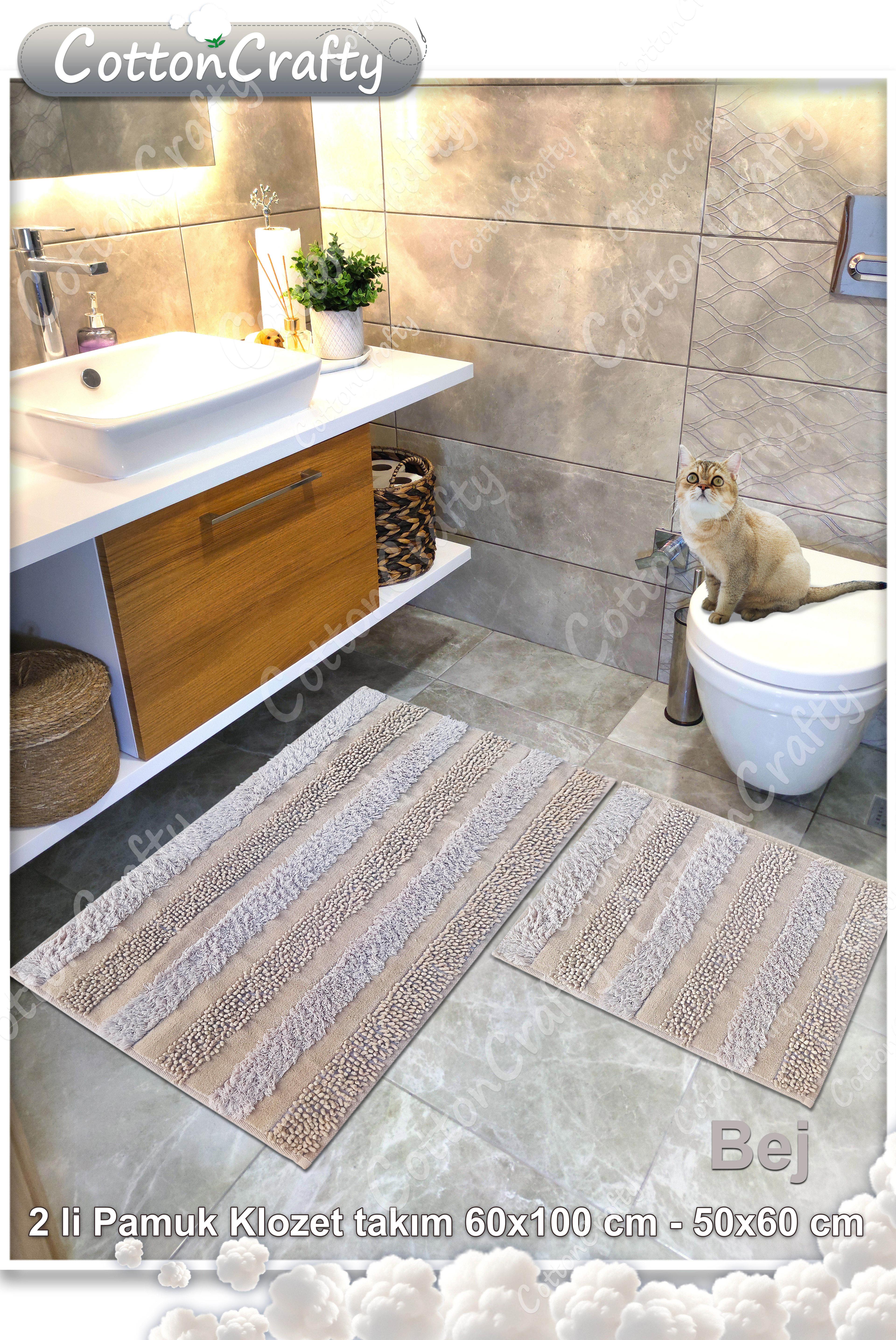 Pamuk Dokuma & Tafting Su Emici Banyo Paspas Seti, Banyo Halısı ARMONİ 2 Li Set 60x100 - 60x50 cm