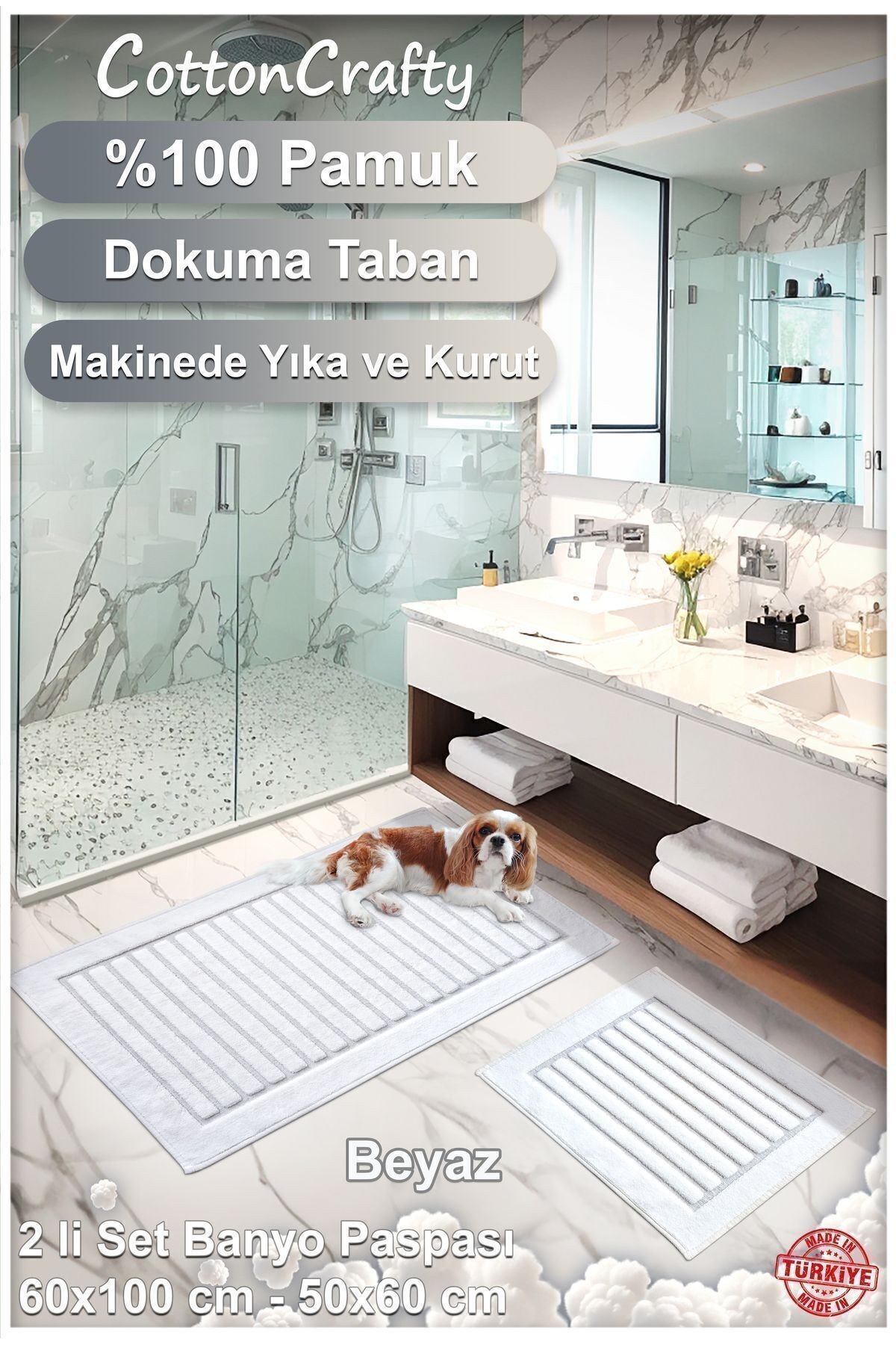 Pamuk Dokuma, Su Emici, Banyo Paspas Seti, Banyo Halısı, ŞERİT ,60x100 - 60x50 CM