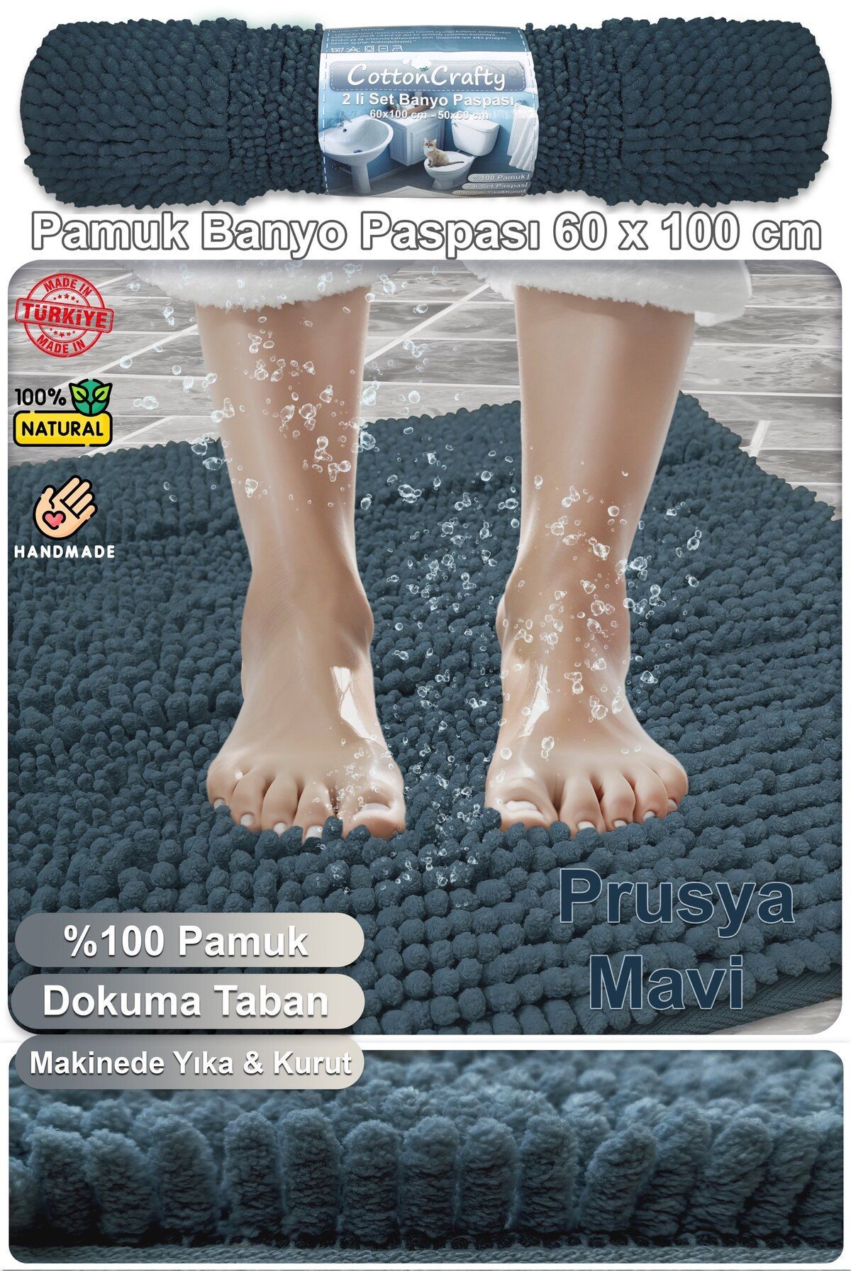 Pamuk Tafting Su Emici Banyo Paspas Seti, Banyo Halısı MAKARNA 60x100 Cm