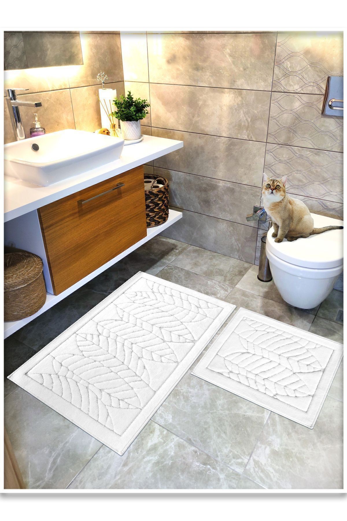 Pamuk Dokuma, Su Emici, Banyo Paspas Seti, Banyo Halısı, YAPRAK, 60x100 - 60x50 CM