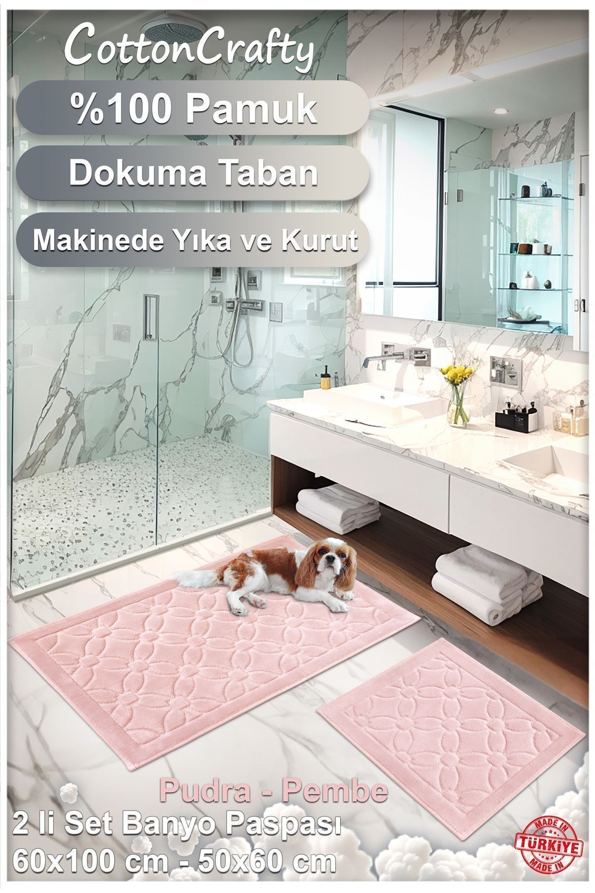 Pamuk Dokuma Su Emici Banyo Paspas Seti, Banyo Halısı ÇİÇEK 2 Li Set 60x100 - 60x50 CM