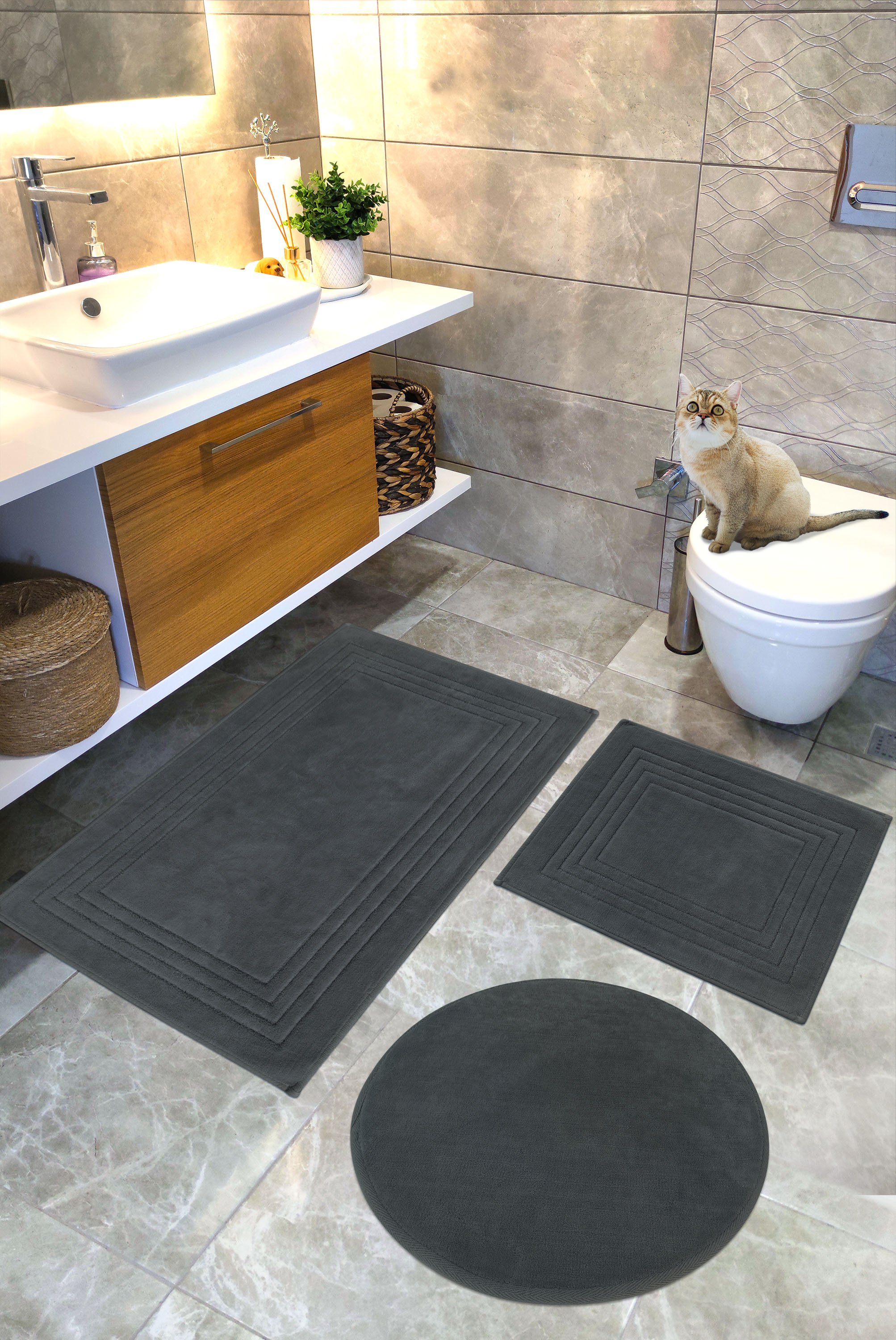Geleneksel Pamuklu Dokuma Su Emici Banyo Paspas Seti, Banyo Halısı, VERA, 3 LÜ Set, Klozet Takım 60x100 - 60x50 - 60x60