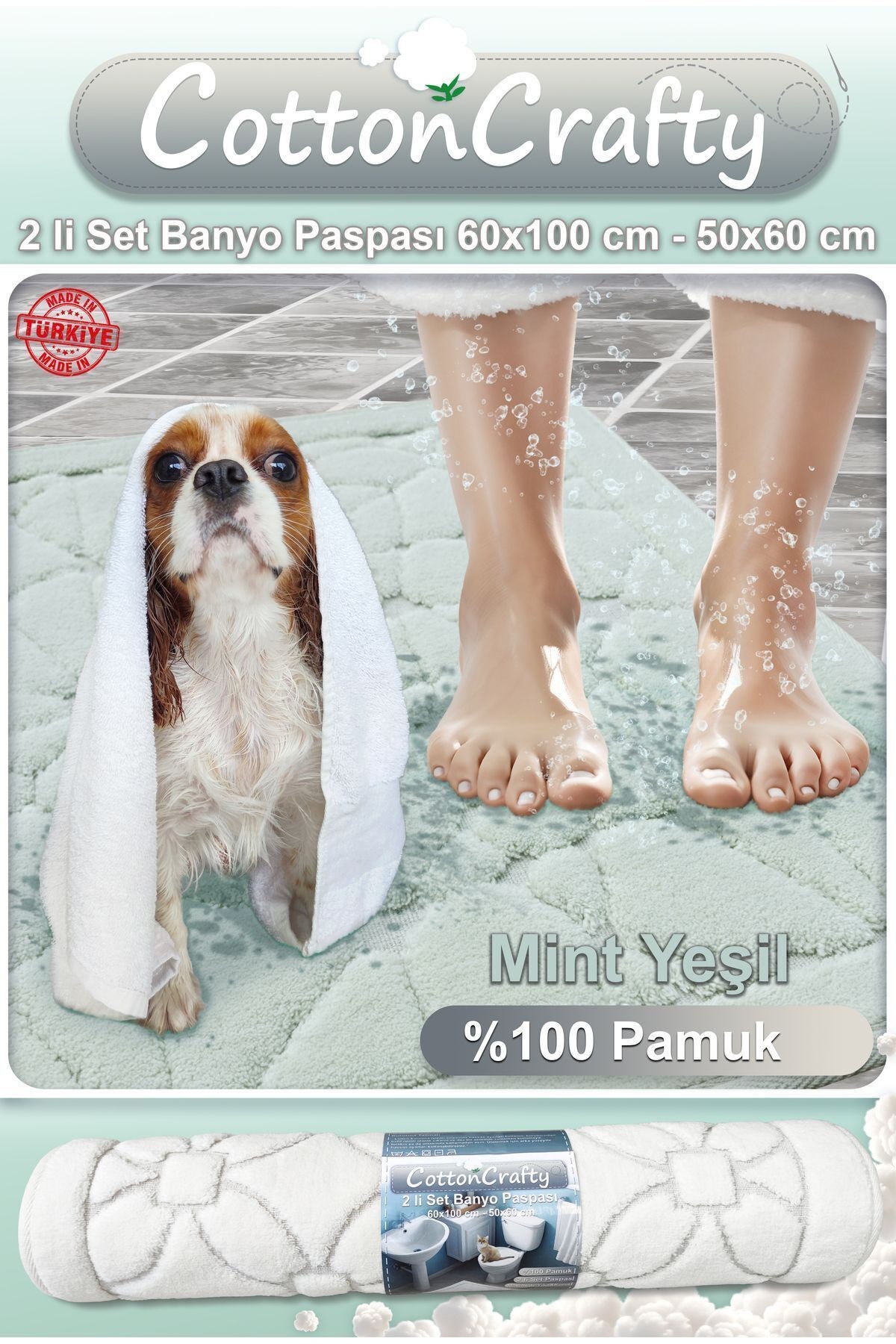 Geleneksel Pamuklu Dokuma Su Emici Banyo Paspası, Banyo Halısı, Klozet Takım, CAM 2'li Set 60x100 - 60x50 cm