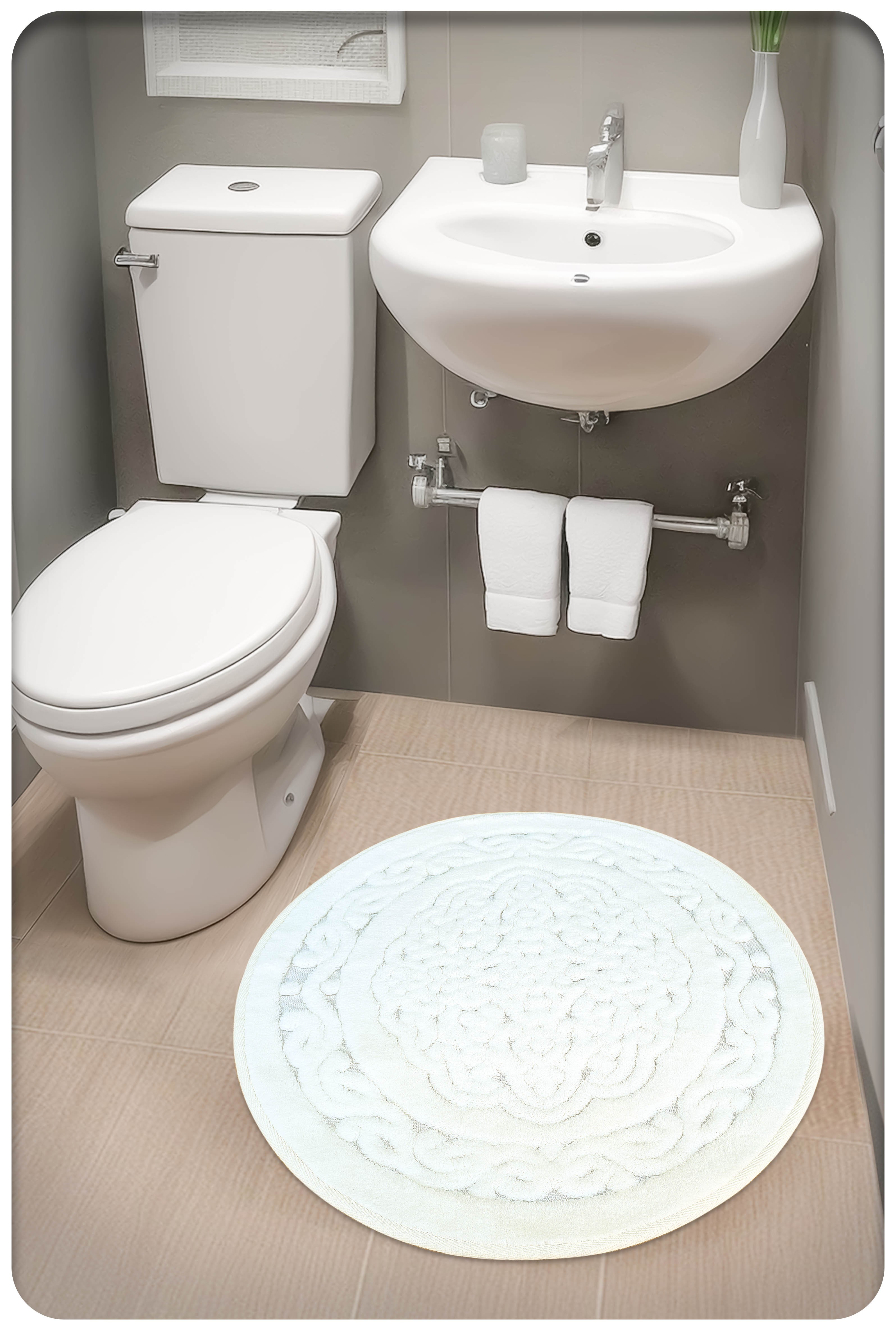 Geleneksel Pamuklu Dokuma, Su Emici, Kaymaz Taban, Banyo Paspası, Banyo Halısı ROYAL, Yuvarlak 100x100, 120x120 cm