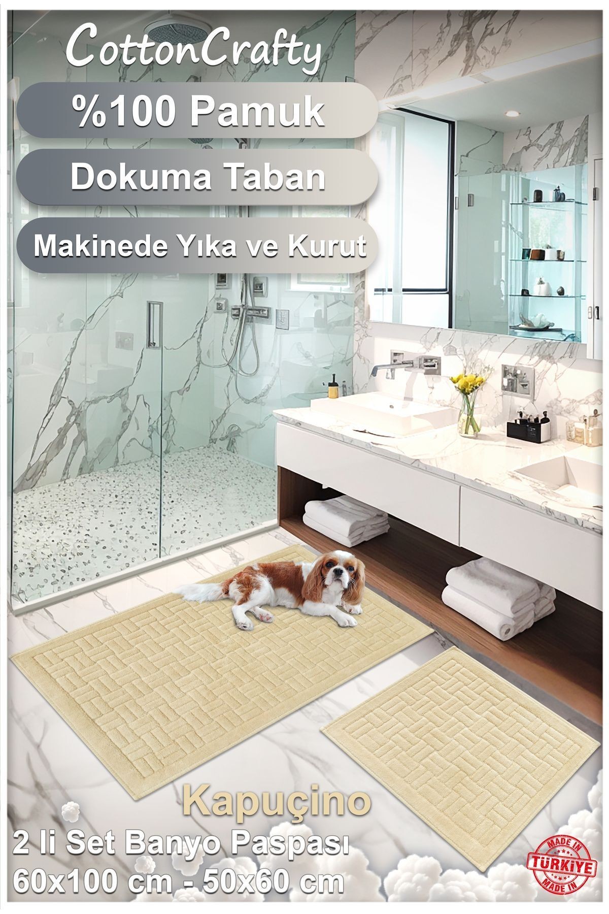 Pamuk Dokuma Su Emici Banyo Paspas Seti, Banyo Halısı DOMİNO 2 Li Set 60x100 - 60x50 CM