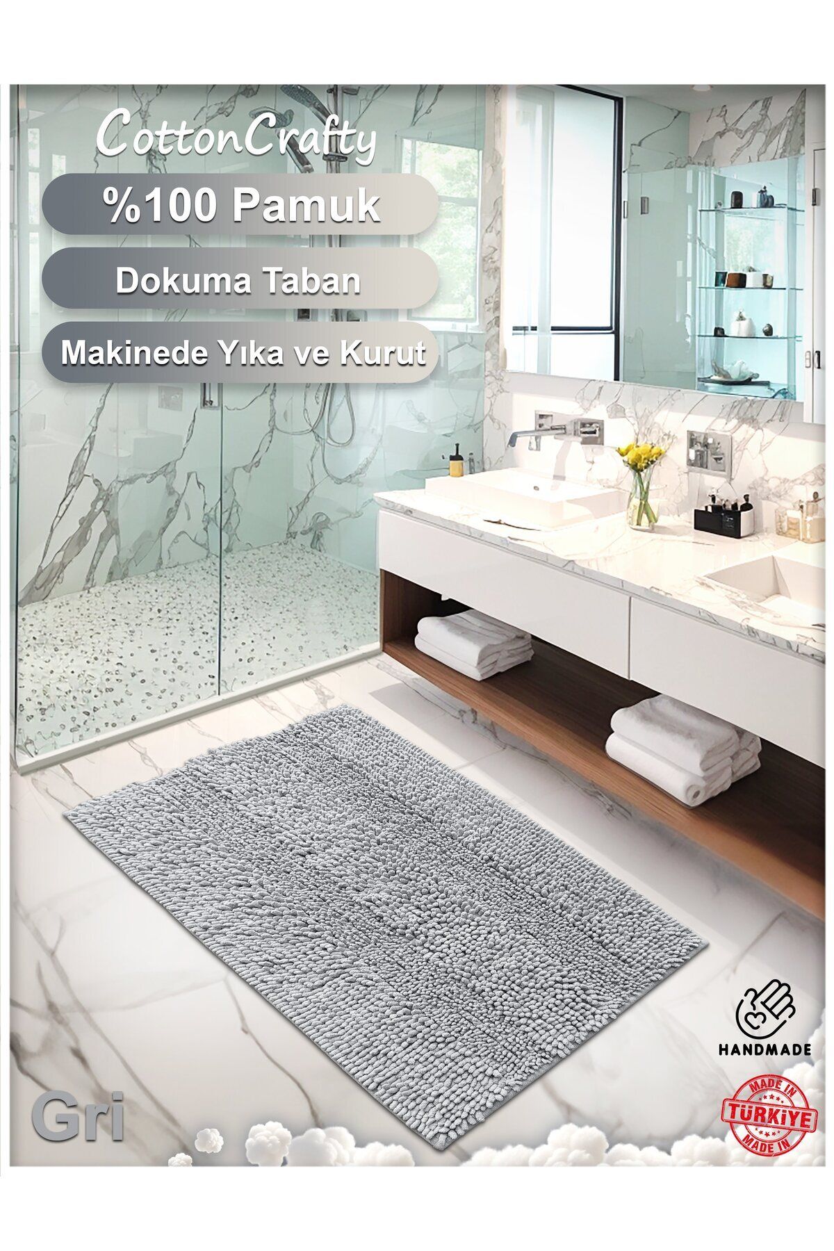 Pamuk Tafting Su Emici Banyo Paspas Seti, Banyo Halısı MAKARNA 60x100 Cm