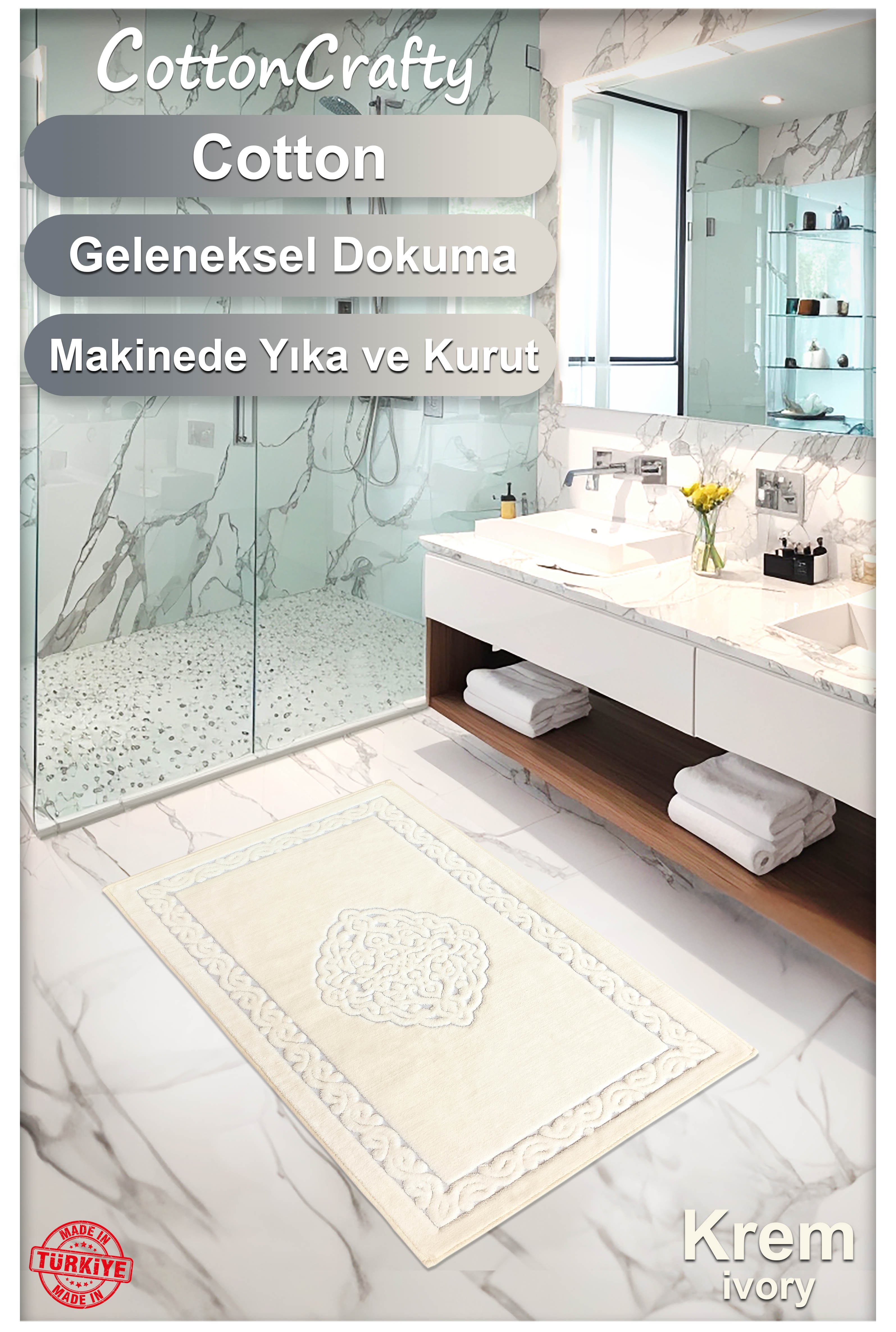 Pamuk Dokuma Su Emici Banyo Paspası, Banyo Halısı Victoria 70 x 120 Cm Krem