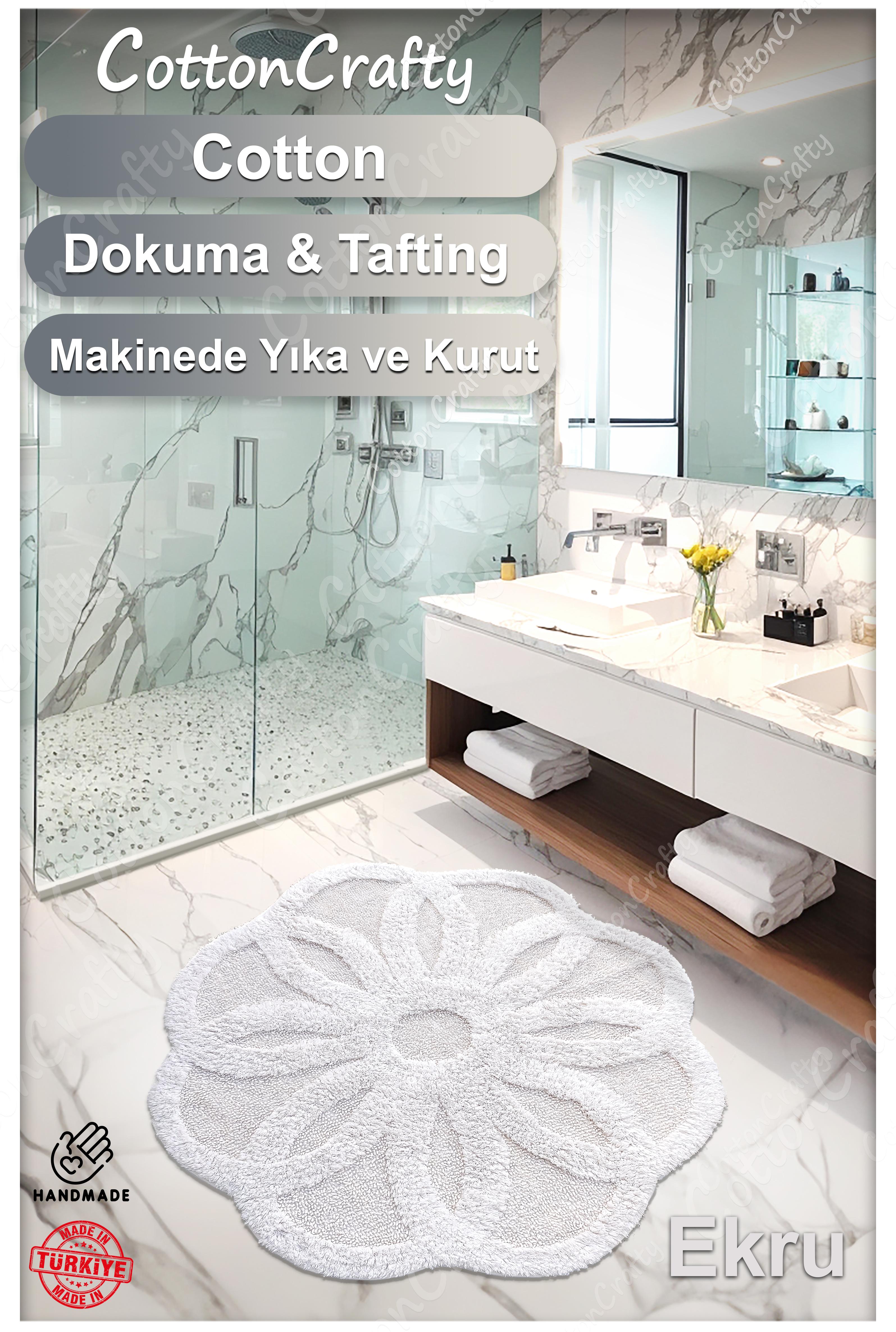 Pamuk Tafting, Dokuma, Su Emici, El Yapımı, Banyo Paspası, Banyo Halısı LOTUS 100x100, 120x120 cm