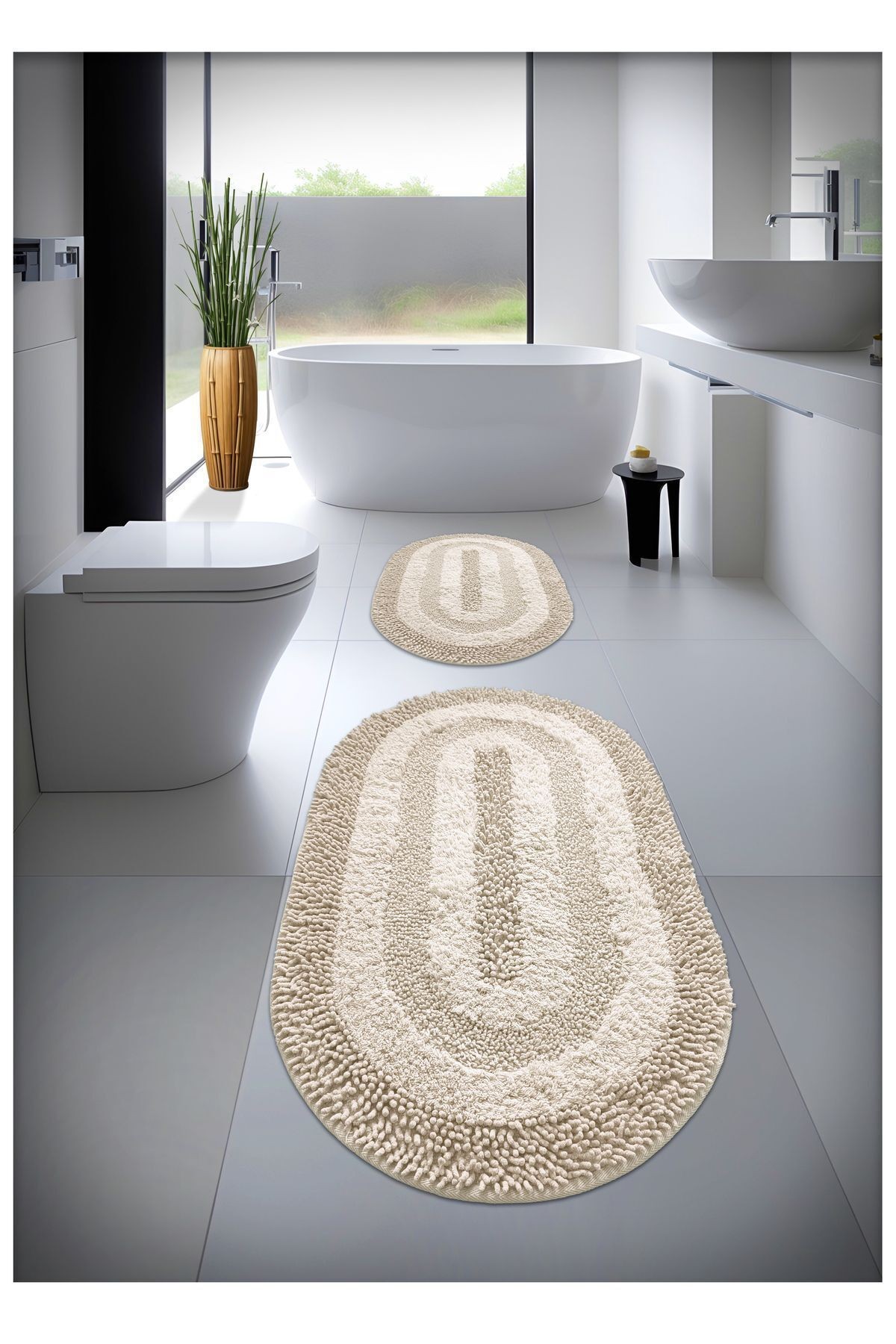 Pamuk Tafting EL Yapımı Su Emici Banyo Paspas Seti, Banyo Halısı COTTONWAY 2 Li Set 60x100 - 60x50 cm