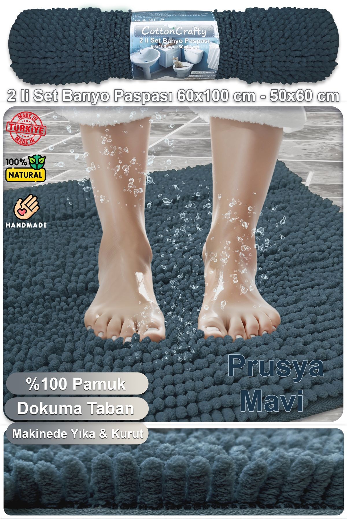 Pamuk Tafting Banyo Paspas Seti, Banyo Halısı MAKARNA 2 Li Set 60x100 - 60x50 CM