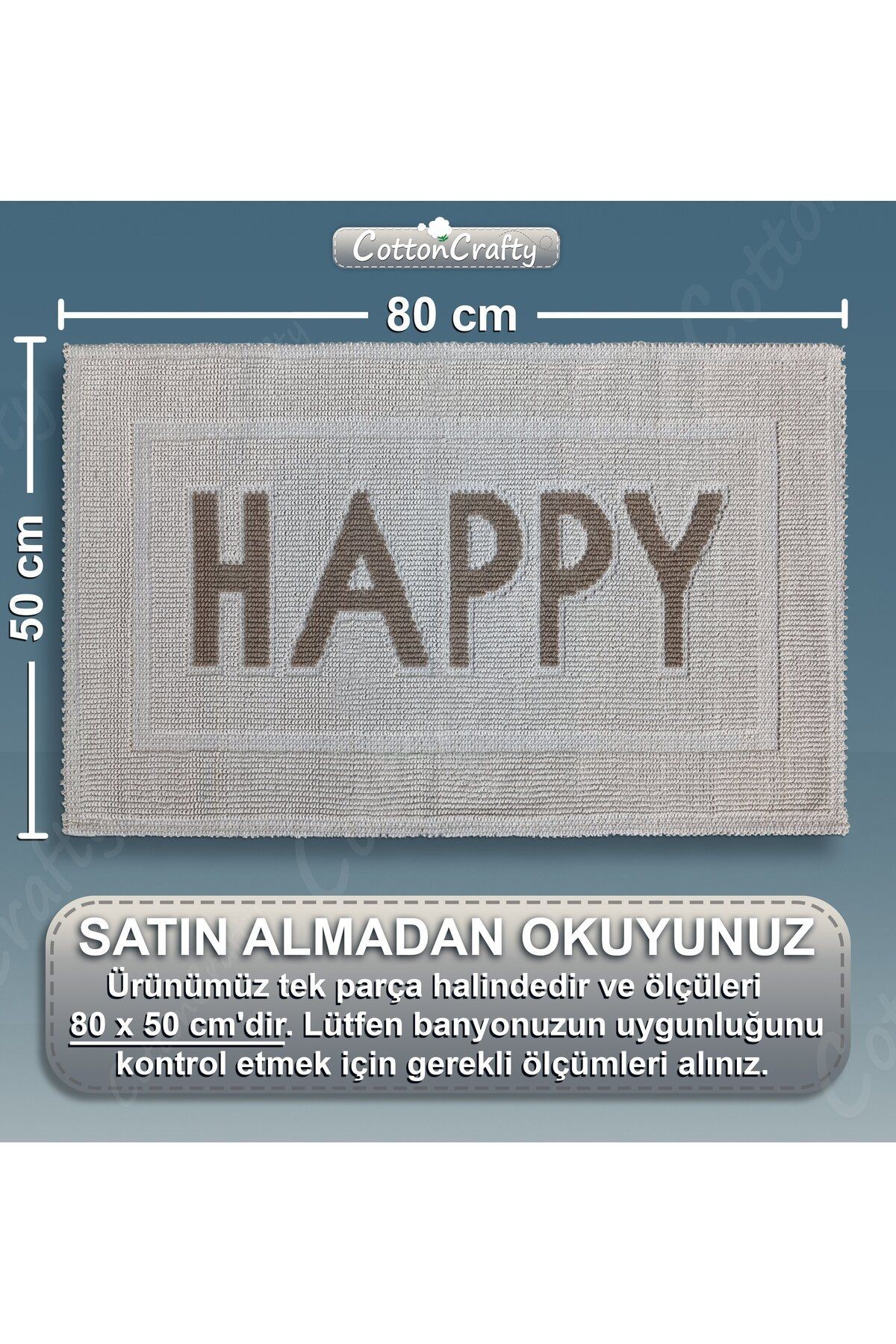 Pamuk Dokuma Su Emici Banyo Paspası, Banyo Halısı HAPPY 80 x 50 cm