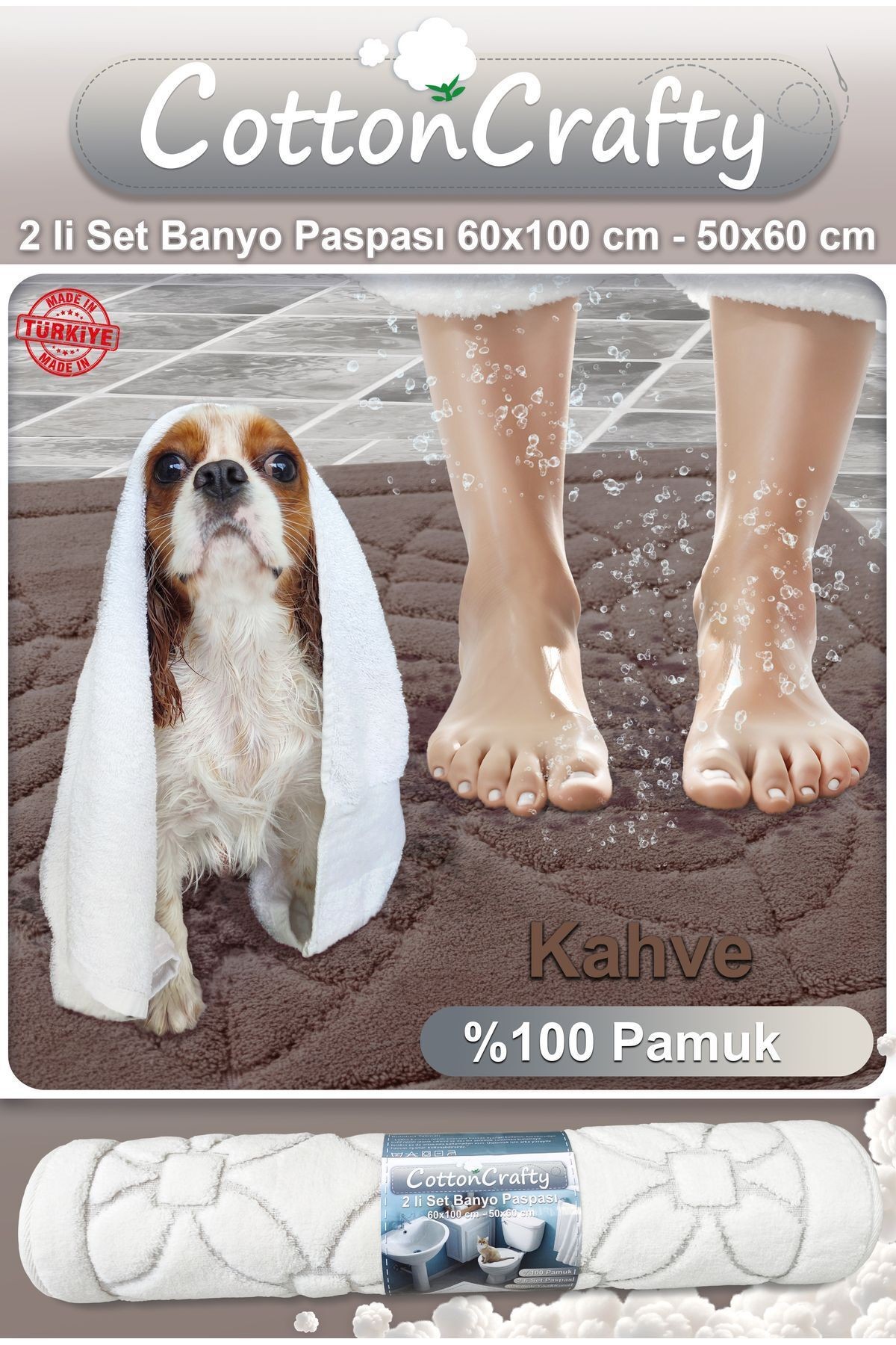 Pamuk Dokuma, Su Emici, Banyo Paspas Seti, Banyo Halısı, YAPRAK, 60x100 - 60x50 CM