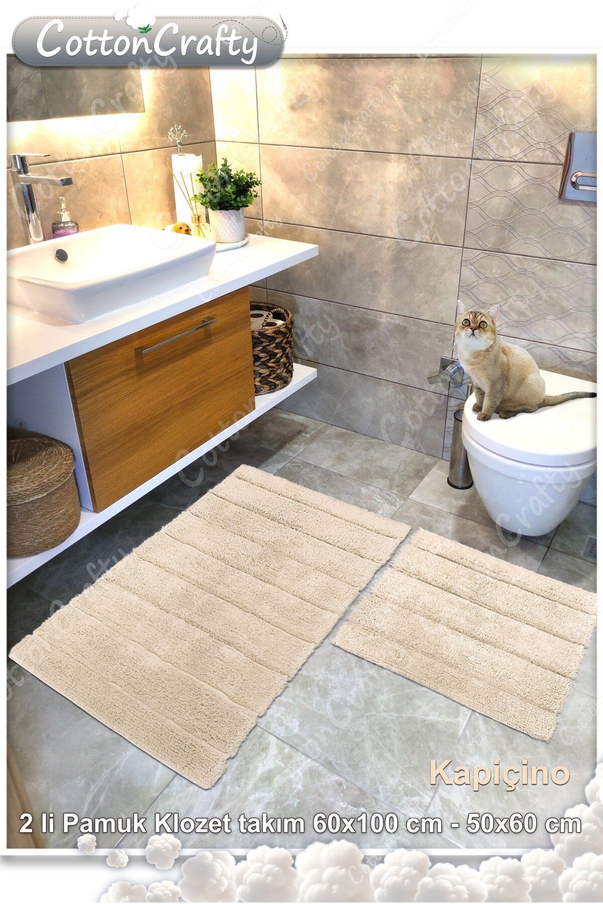 Pamuk Tafting Su Emici Banyo Paspas Seti, Banyo Halısı SOFT 2 Li Set 60x100 - 60x50