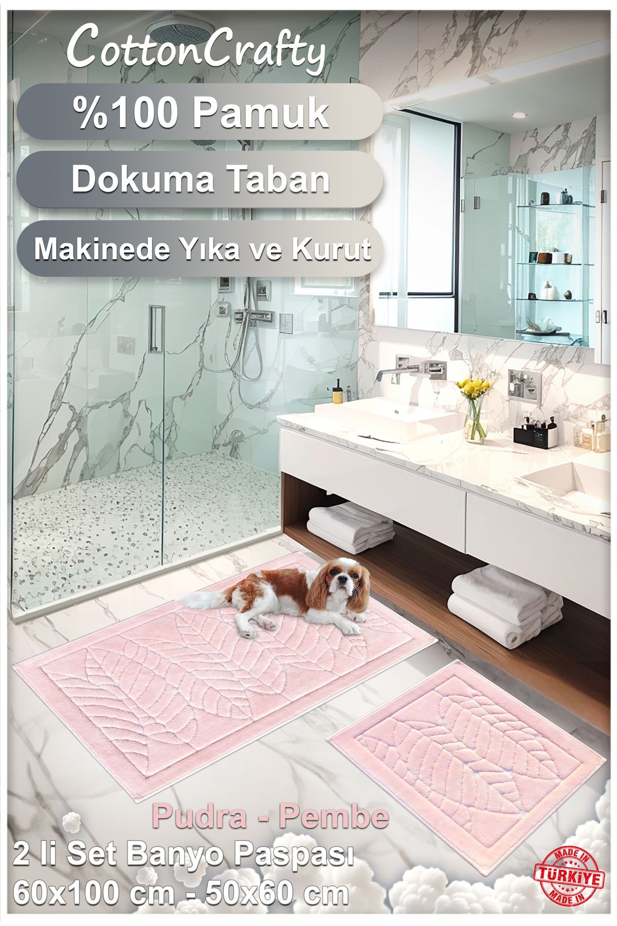 Pamuk Dokuma, Su Emici, Banyo Paspas Seti, Banyo Halısı, YAPRAK, 60x100 - 60x50 CM