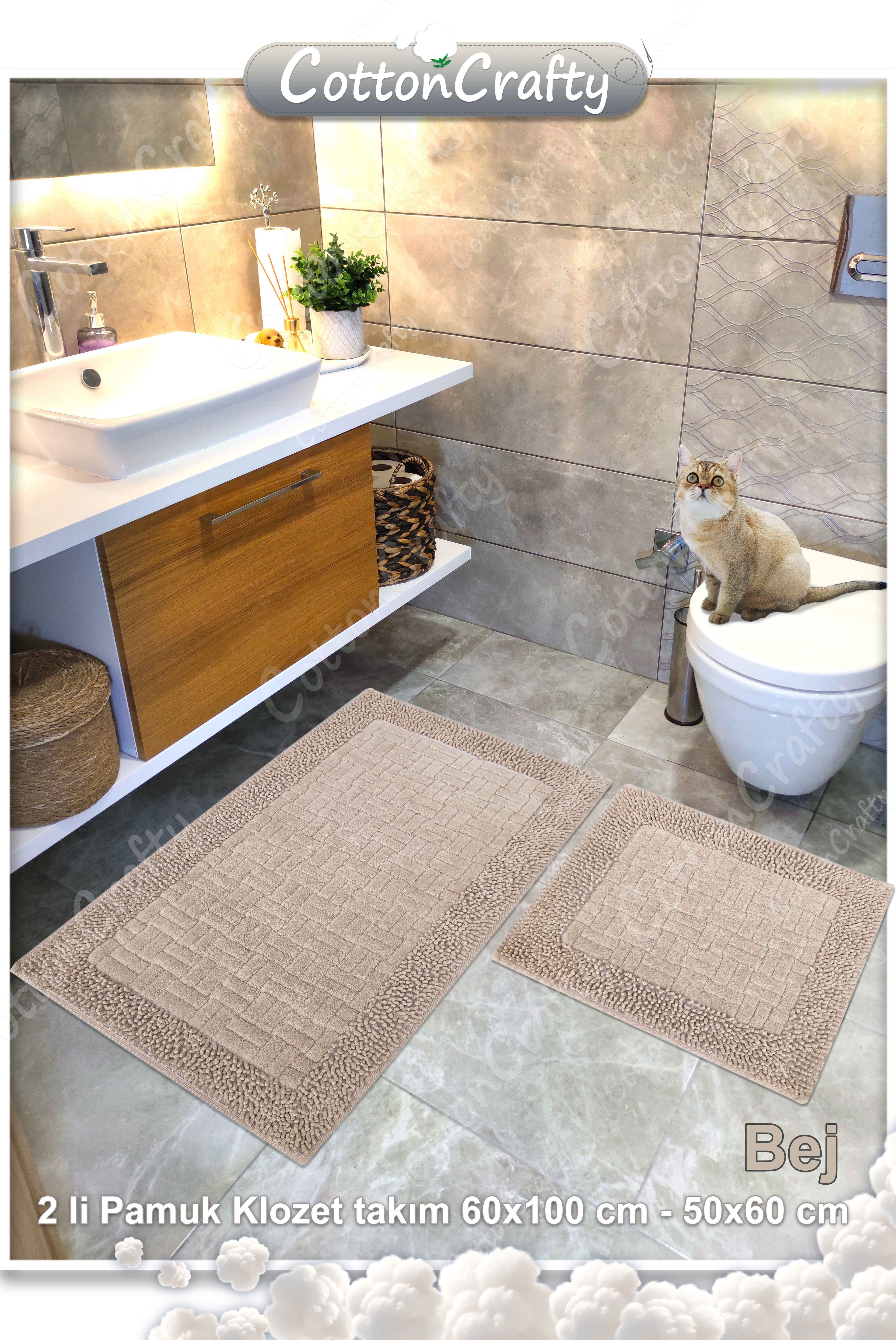 Pamuk Dokuma & Tafting Su Emici Banyo Paspas Seti, Banyo Halısı DOMİNOMOSS 2 Li Set 60x100 - 60x50 cm