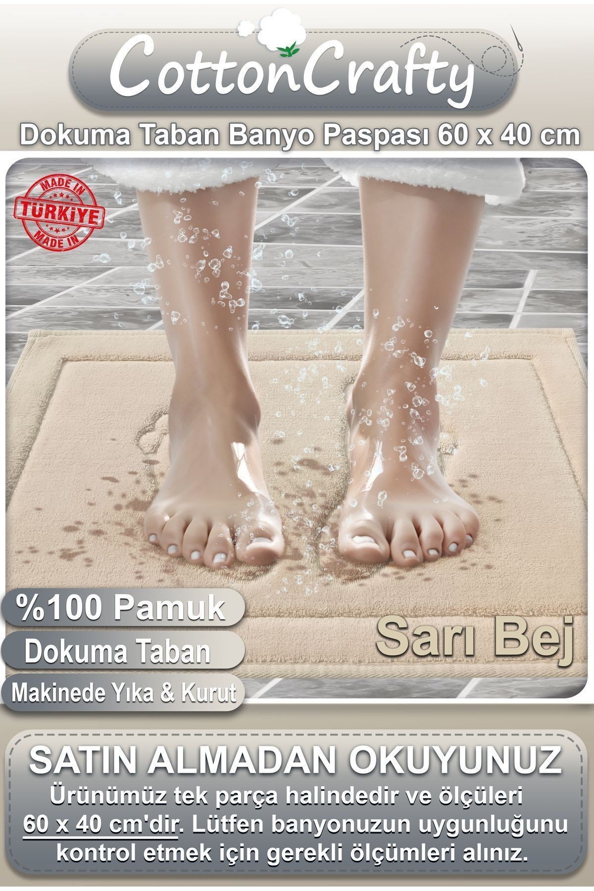 Geleneksel Pamuklu Dokuma Su Emici Banyo Paspası Ayak Desen 60x40 CM