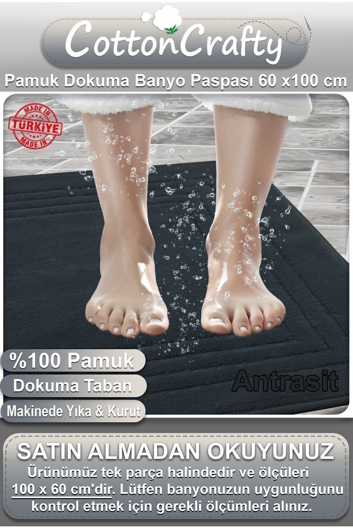 Pamuk Dokuma Su Emici Banyo Paspası, Banyo Halısı VERA 60x100 CM