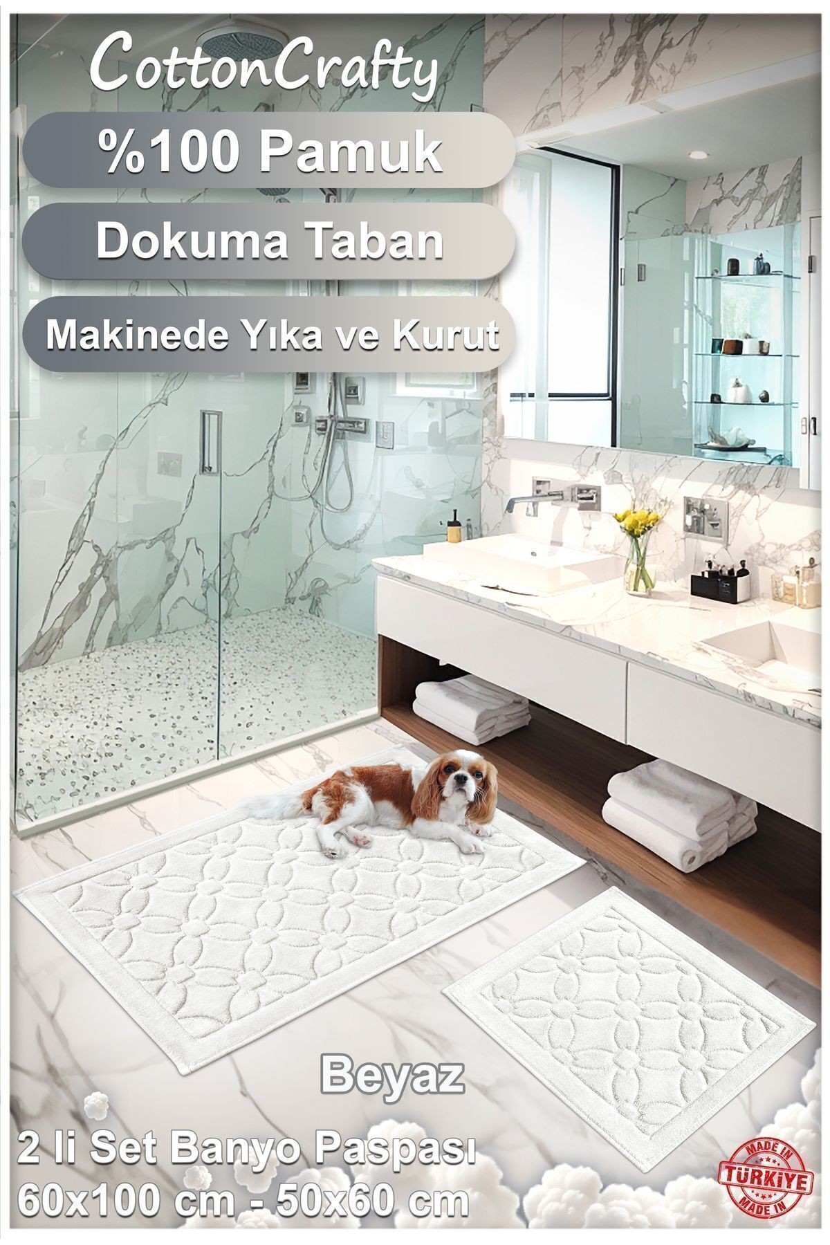 Geleneksel Pamuklu Dokuma, Su Emici, Banyo Paspas Seti, Banyo Halısı, ÇİÇEK 2'li Klozet Takım 60x100 - 60x50 CM