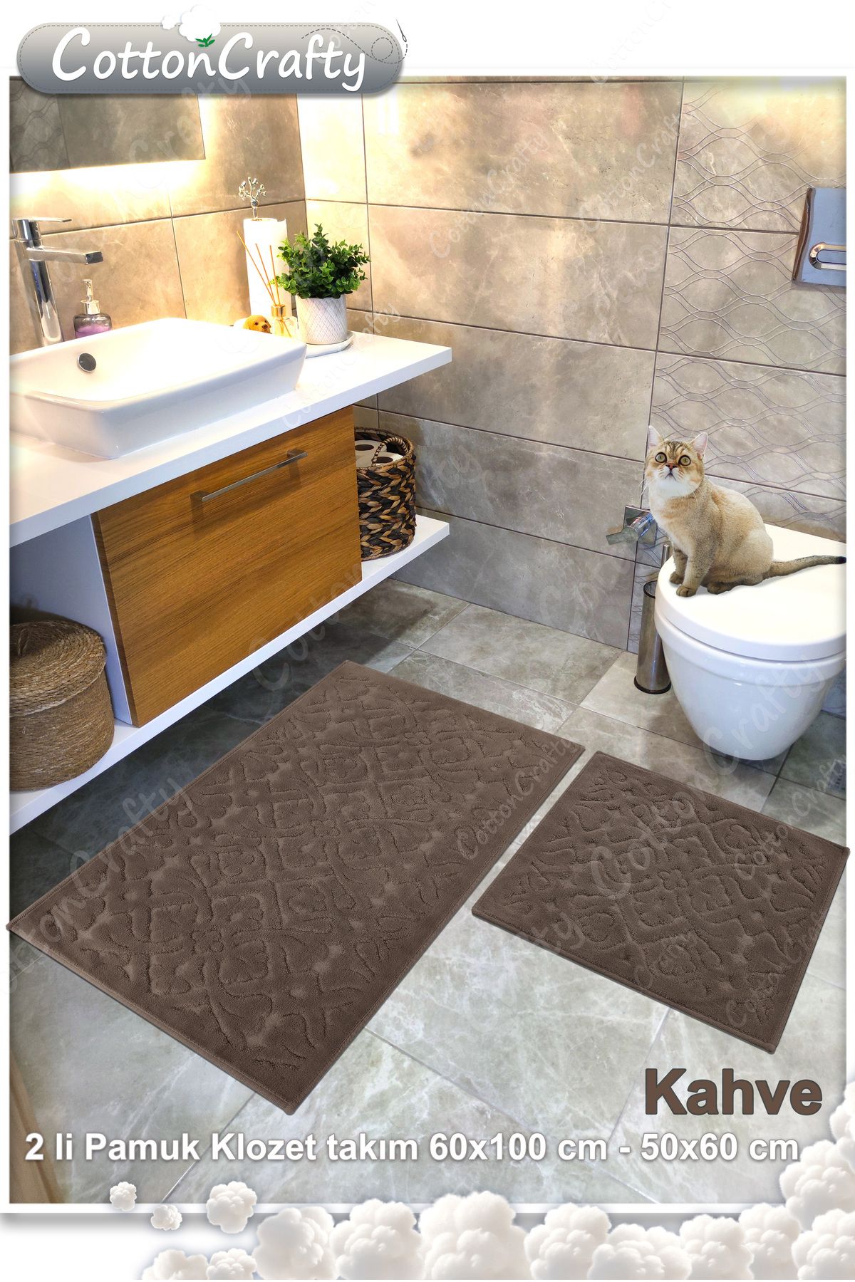 Geleneksel Pamuklu Dokuma Su Emici Banyo Paspas Seti, Banyo Halısı LARA 2'li Set, Klozet Takım 60x100 - 60x50 cm