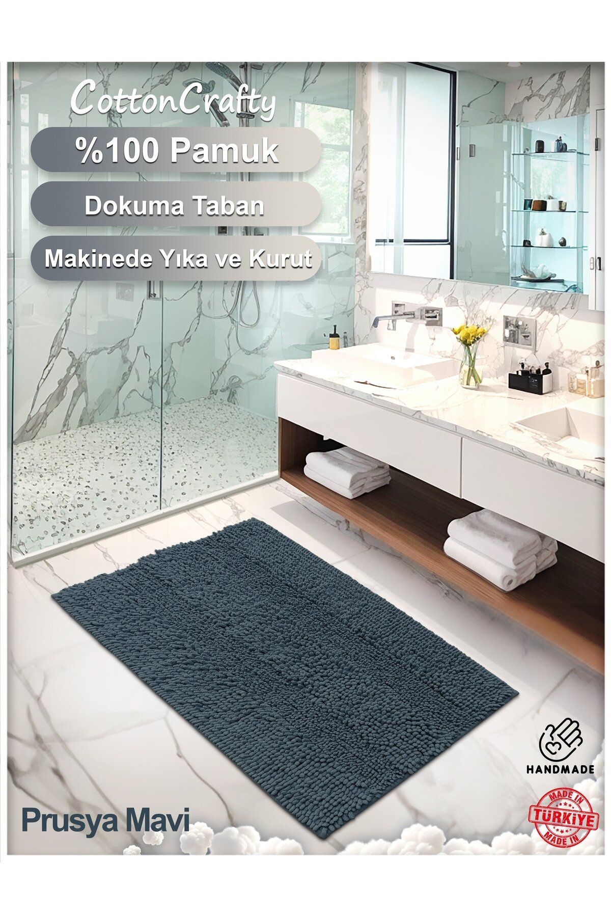 Pamuk Tafting Su Emici Banyo Paspas Seti, Banyo Halısı MAKARNA 60x100 Cm