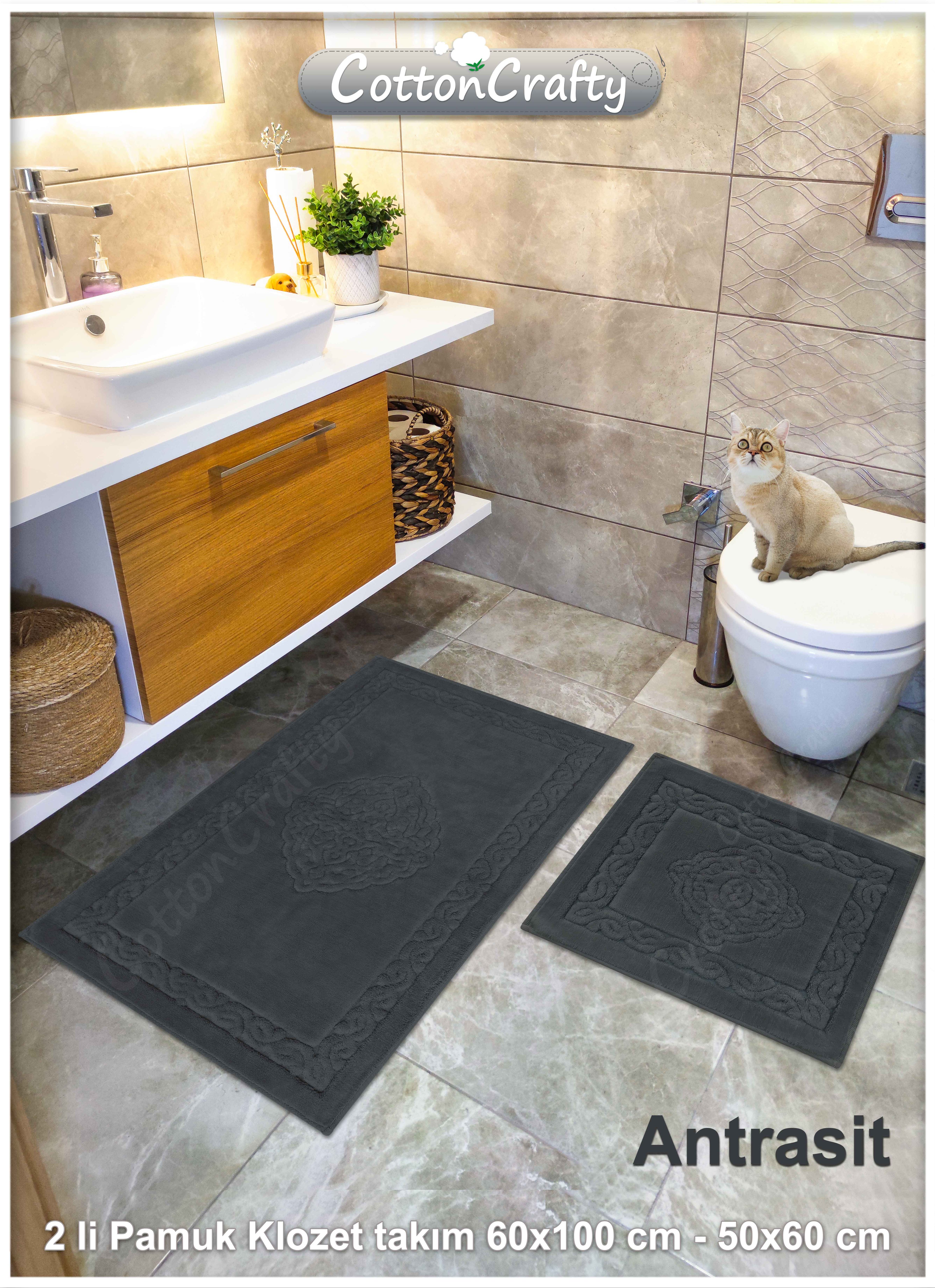 Pamuk Dokuma Su Emici Banyo Paspas Seti, Banyo Halısı, Victoria 2 Li Klozet takım 60x100 - 60x50
