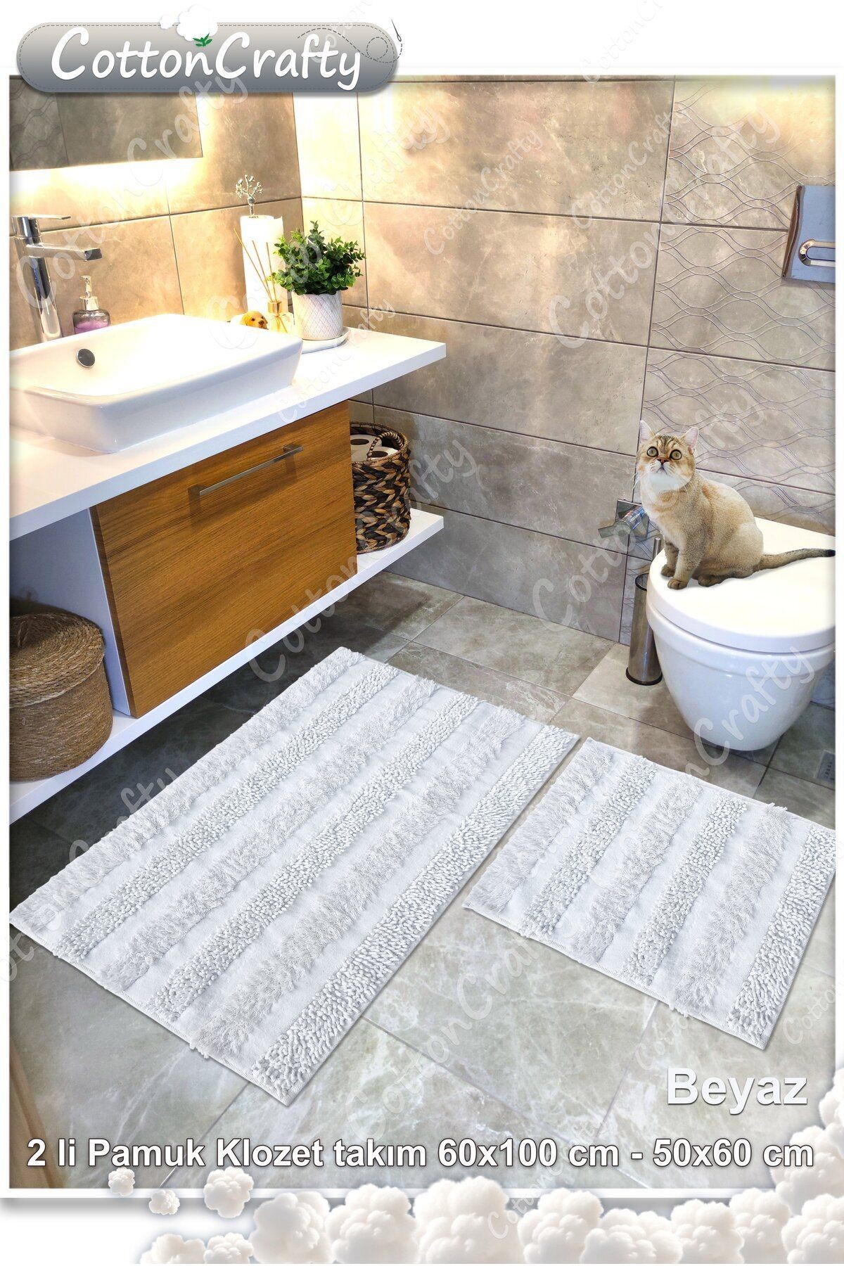 Pamuk Dokuma & Tafting Su Emici Banyo Paspas Seti, Banyo Halısı ARMONİ 2 Li Set 60x100 - 60x50 cm