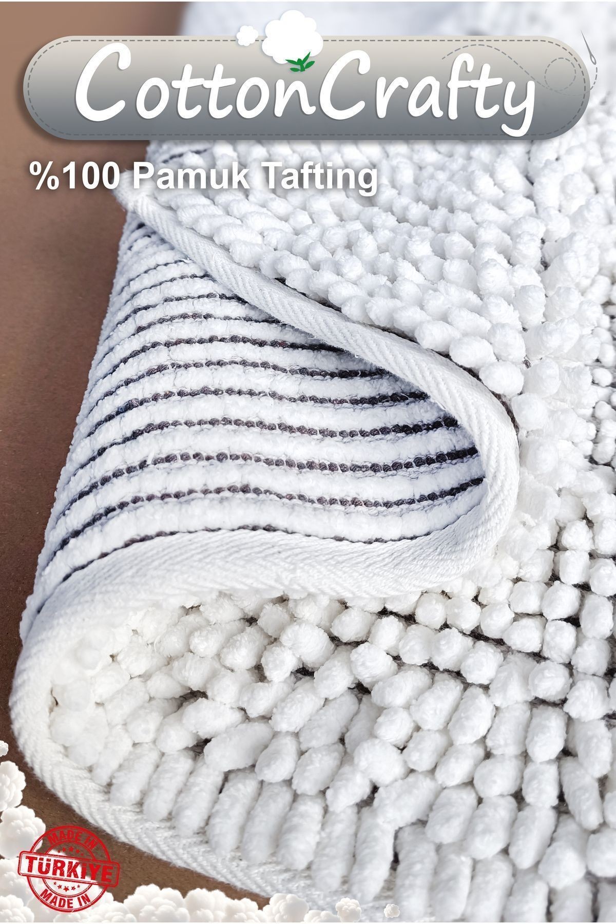 Pamuk Tafting EL Yapımı Su Emici Banyo Paspas Seti, Banyo Halısı COTTONWAY 2 Li Set 60x100 - 60x50 cm