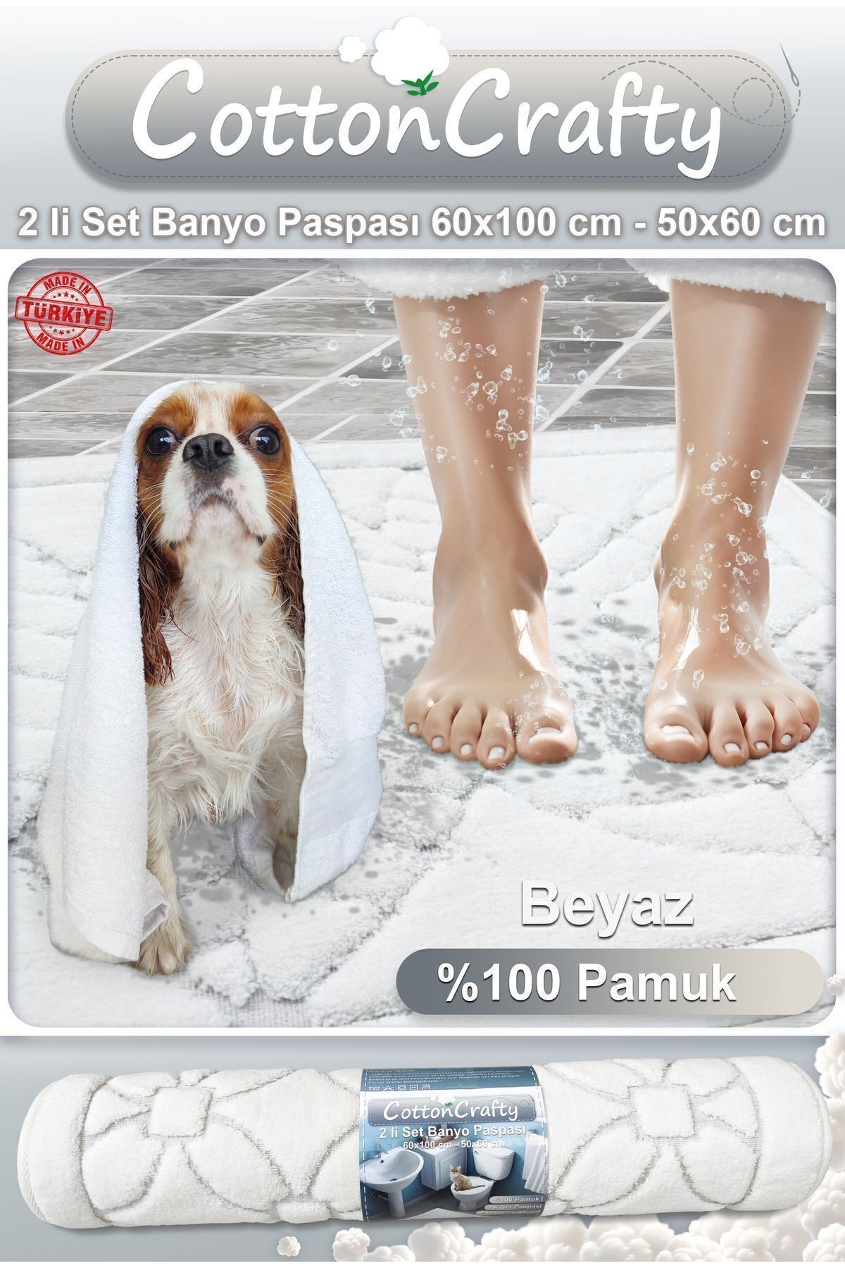 Geleneksel Pamuklu Dokuma, Su Emici, Banyo Paspas Seti, Banyo Halısı, YAPRAK, 2'li Klozet Takım, 60x100 - 60x50 CM