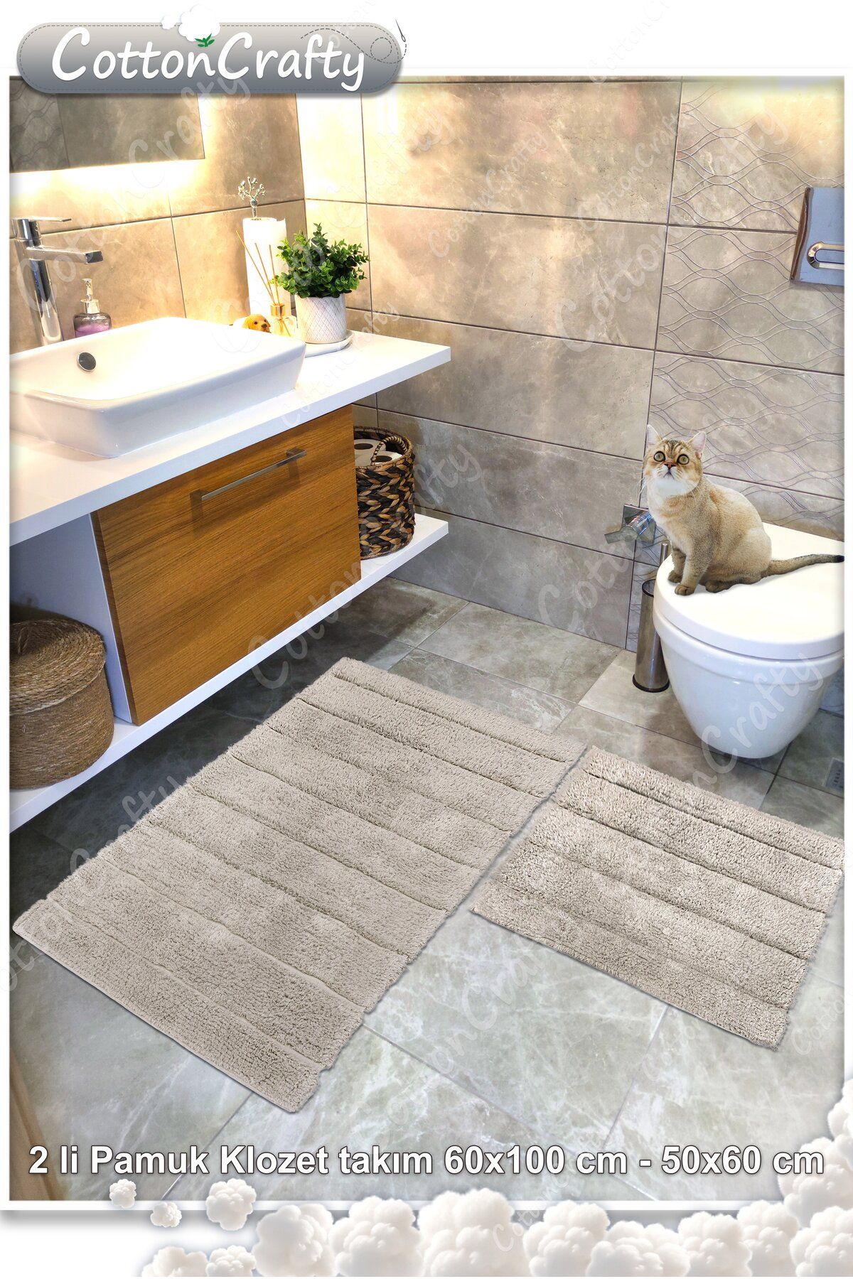 Pamuk Tafting Su Emici Banyo Paspas Seti, Banyo Halısı SOFT 2 Li Set 60x100 - 60x50