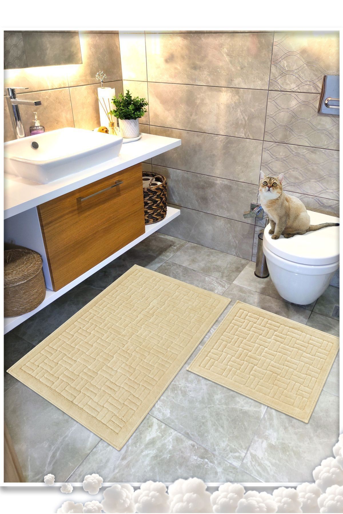 Pamuk Dokuma Su Emici Banyo Paspas Seti, Banyo Halısı DOMİNO 2 Li Set 60x100 - 60x50 CM