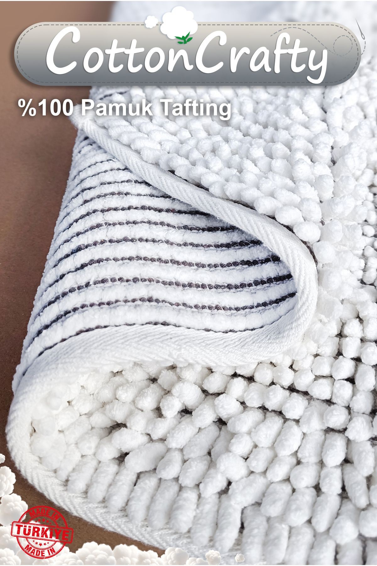 Pamuk Tafting Banyo Paspas Seti, Banyo Halısı MAKARNA 2 Li Set 60x100 - 60x50 CM