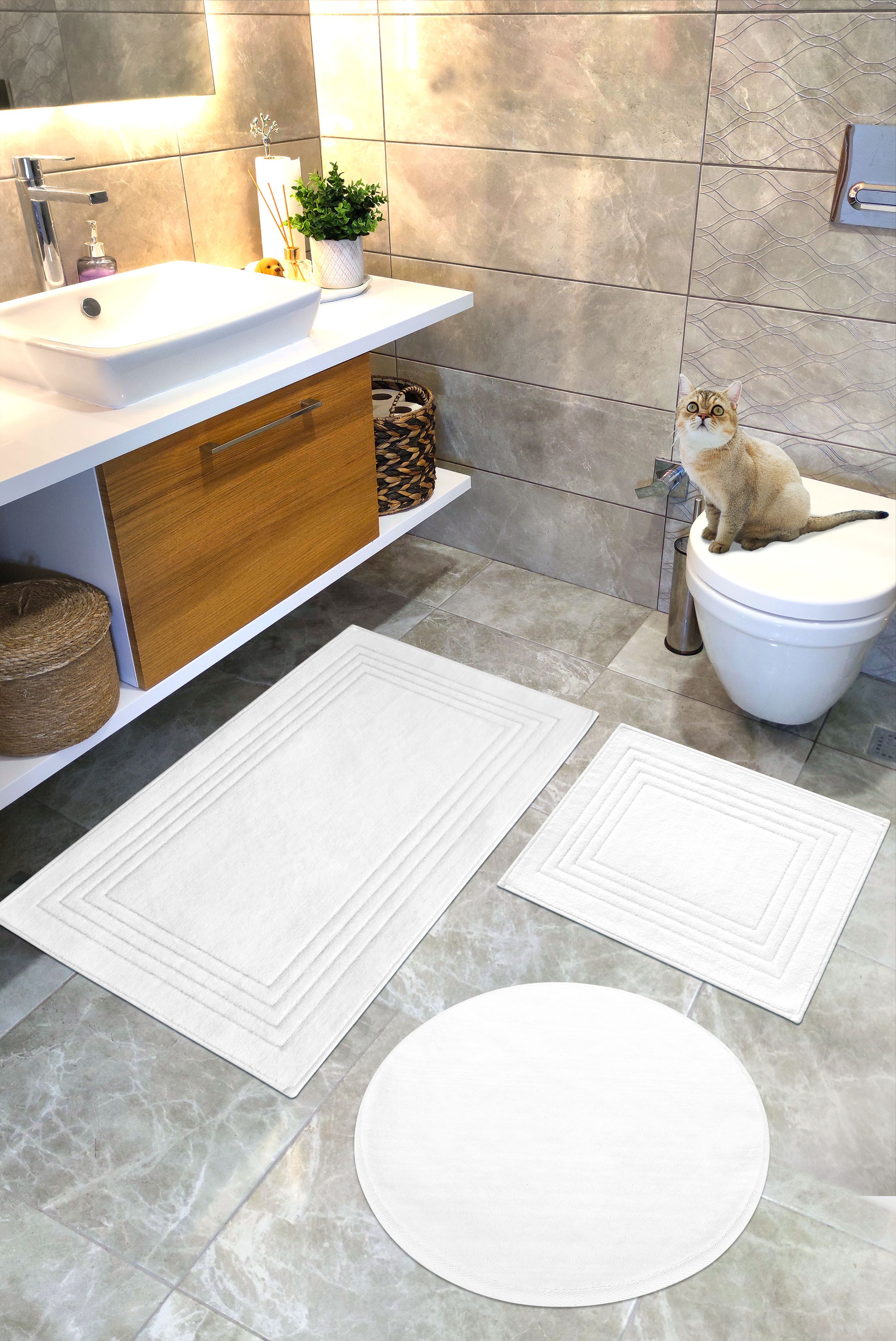 Geleneksel Pamuklu Dokuma Su Emici Banyo Paspas Seti, Banyo Halısı, VERA, 3 LÜ Set, Klozet Takım 60x100 - 60x50 - 60x60