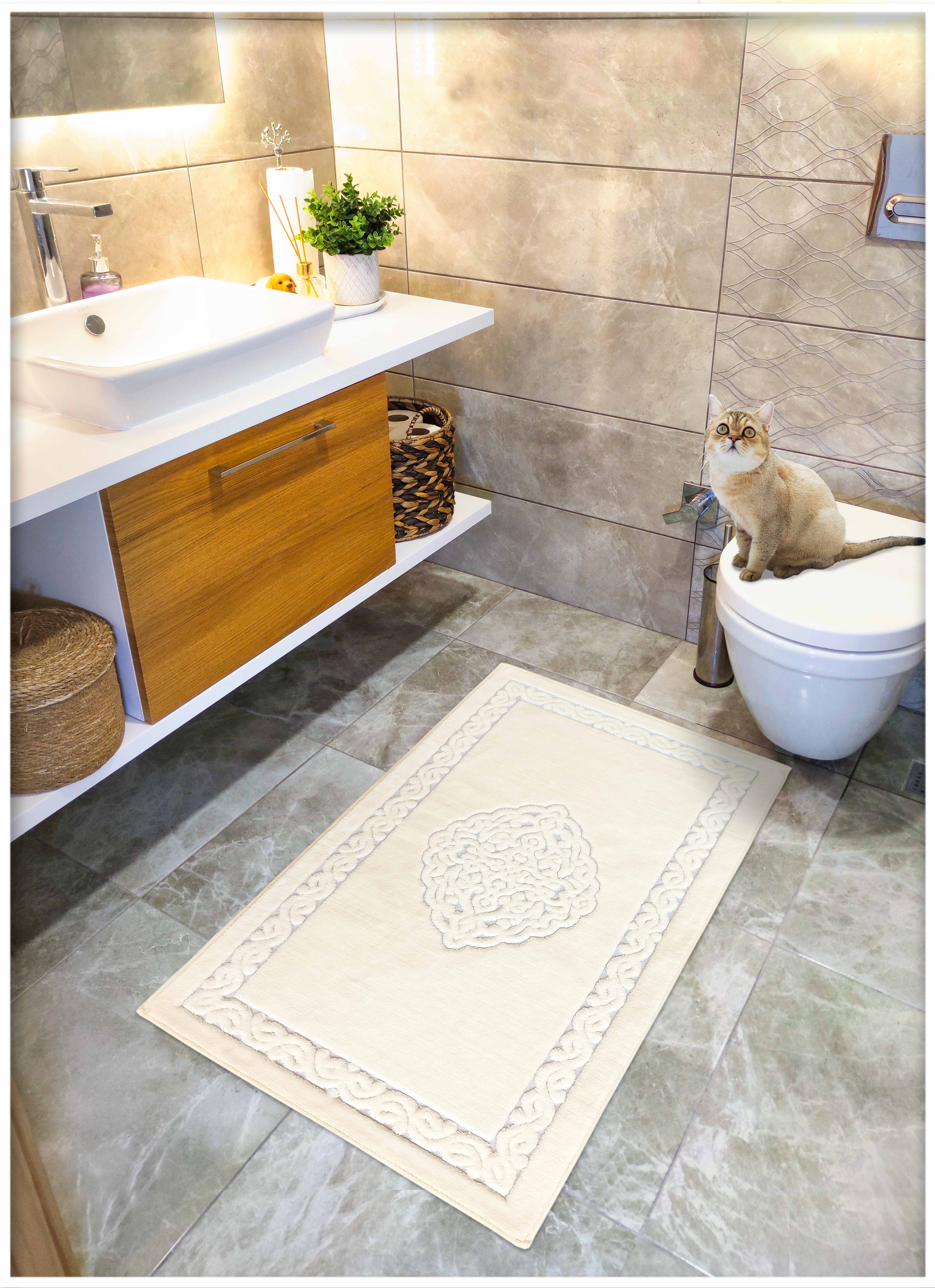 Pamuk Dokuma Su Emici Banyo Paspası, Banyo Halısı Victoria 70 x 120 Cm Krem